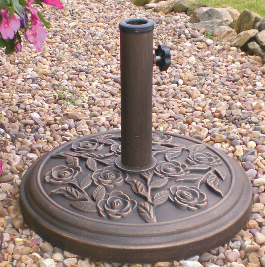 9kg 45cm Dia. Cast Iron Effect Garden Parasol Base - Bronze with Rose Design 600