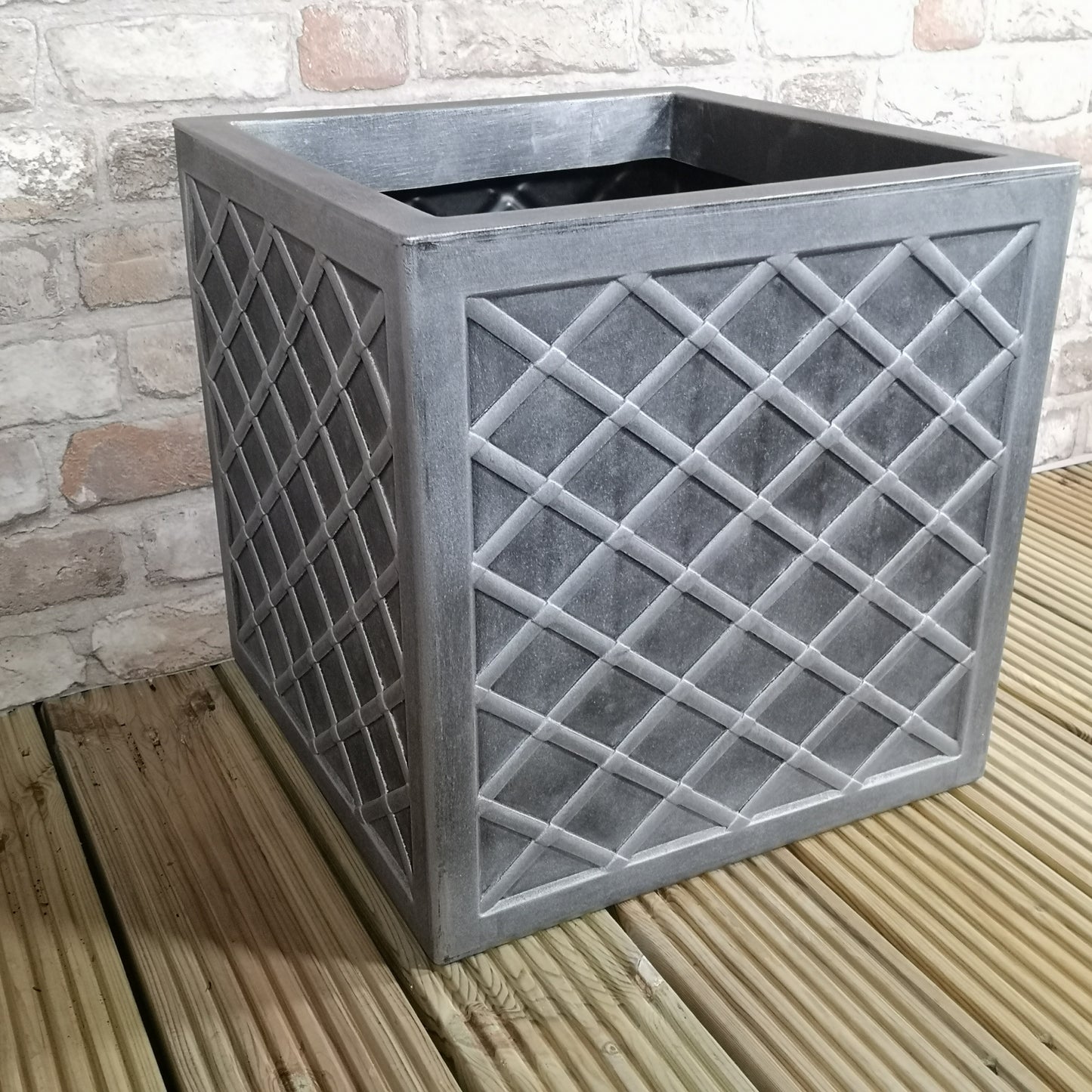 39cm Large Lazio Square Grey Plastic Pewter Effect Garden Planter 