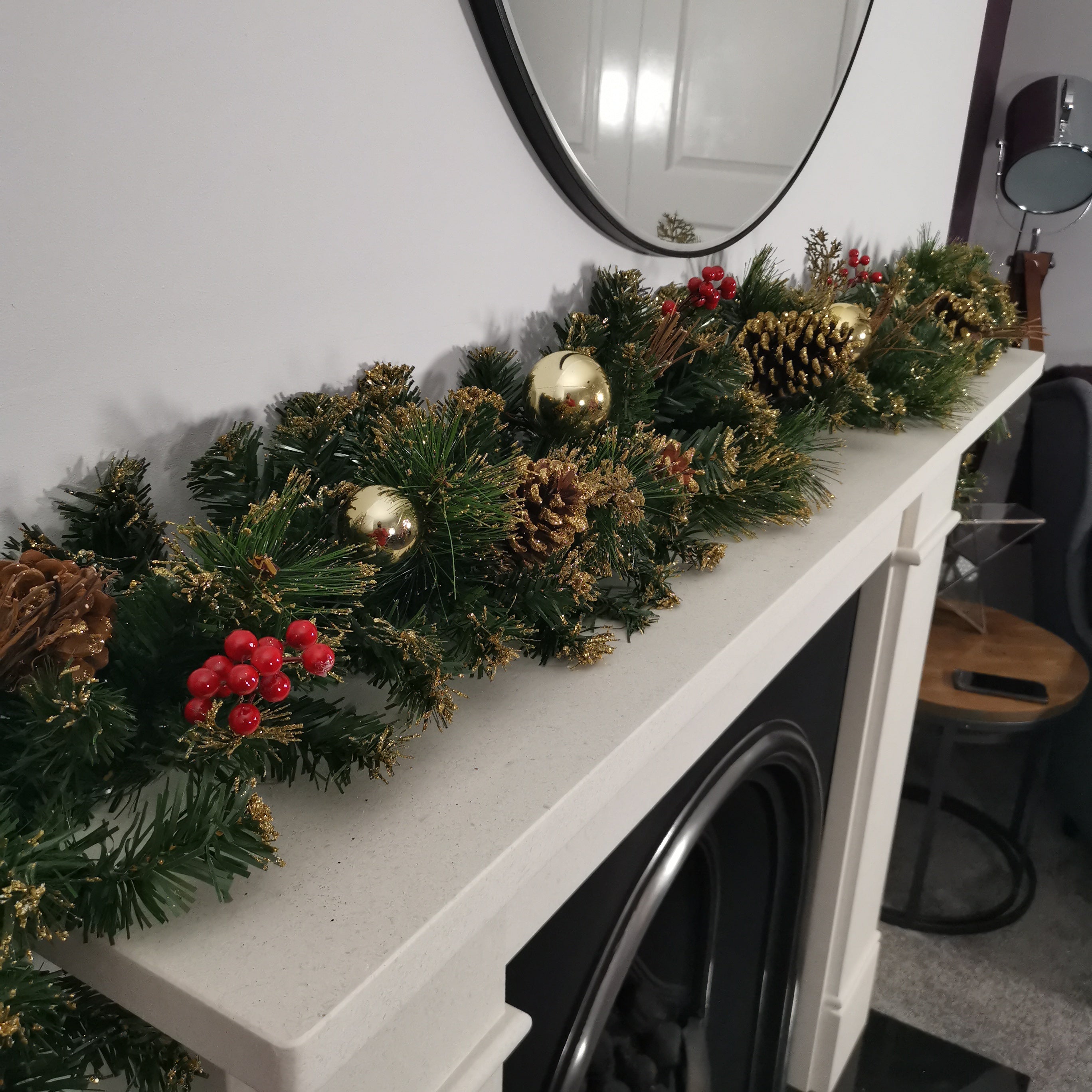 180cm (6ft) Premier Gold Dressed Christmas Garland With Berries Pinescones And Gold Baubles