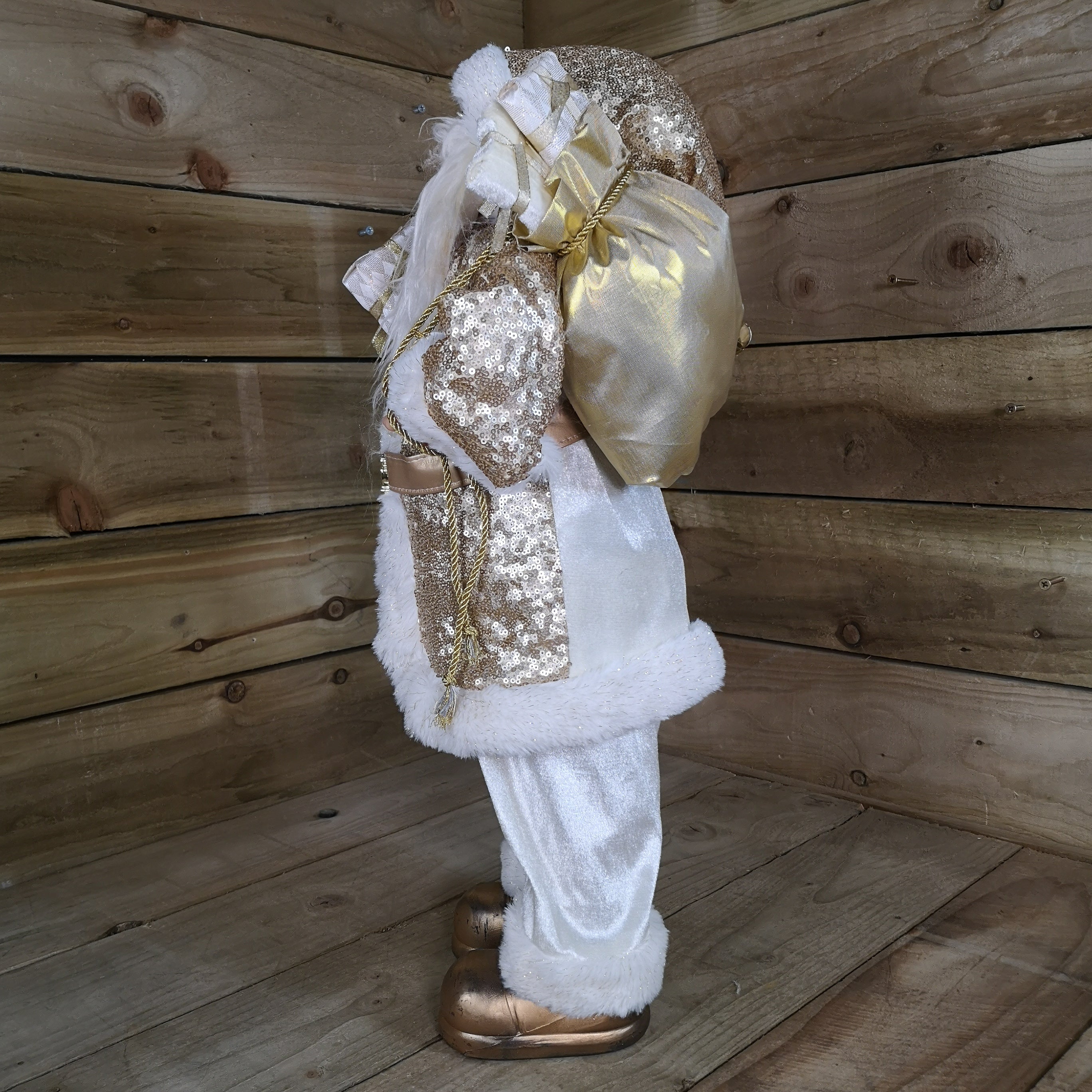 60cm Standing Santa Christmas Decoration in White and Gold Suit with Gifts