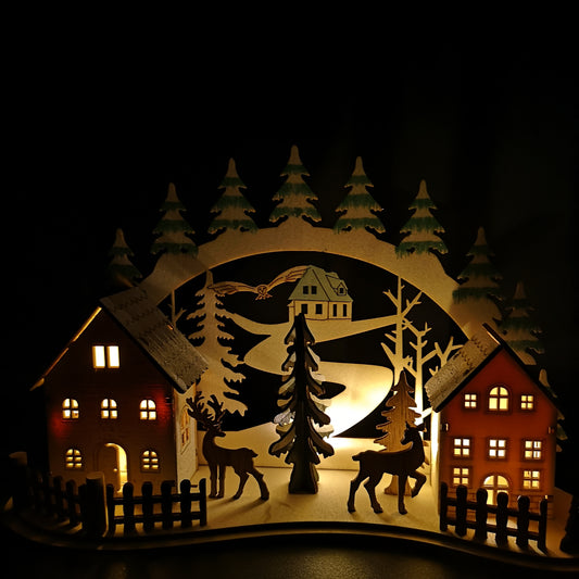 19cm Battery Operated Light up Warm White Christmas Winter Wooden Village Scene with Reindeer