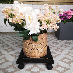 Pack of 2 28cm Black Square Wooden Garden Plant Pot Flower Trolley Stand On Wheels