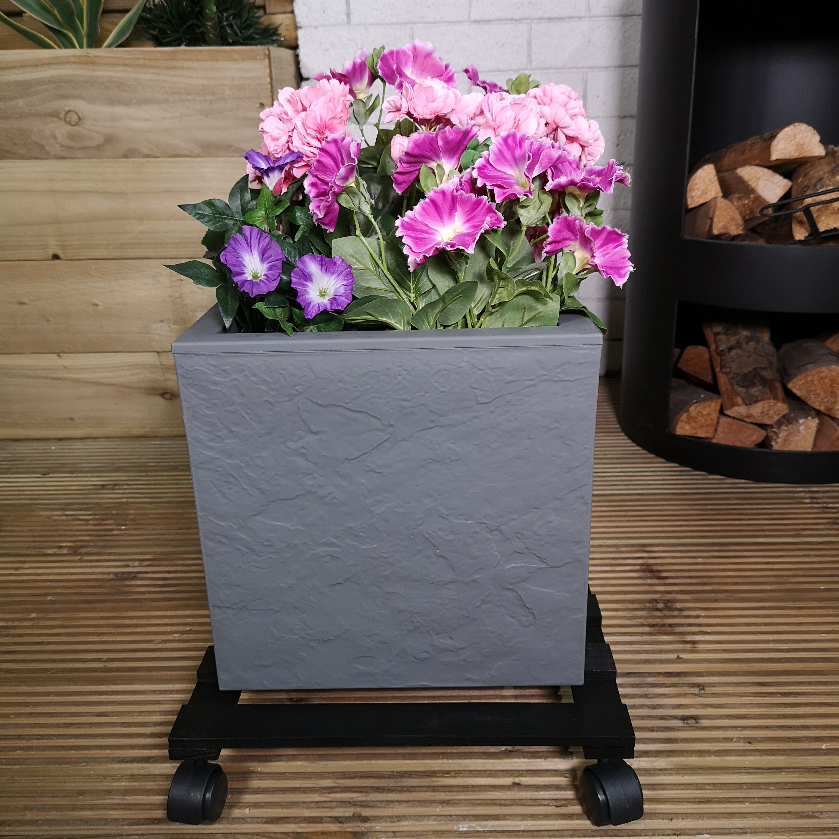 35cm Black Square Wooden Garden Plant Pot Flower Trolley Stand On Wheels