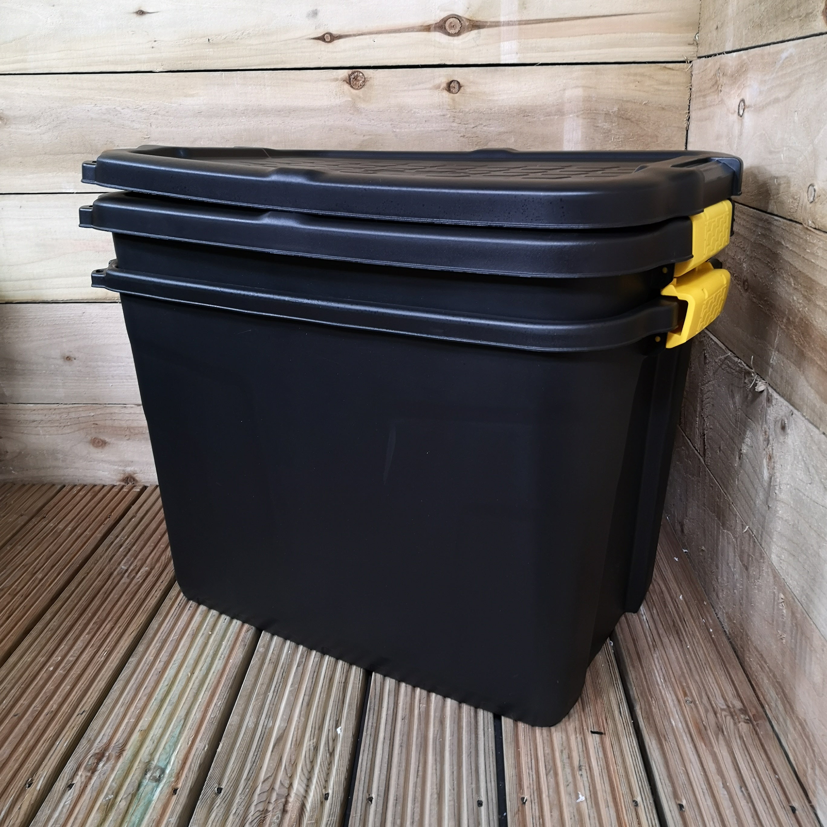 2 x 60L Heavy Duty Storage Tubs Sturdy, Lockable, Stackable and Nestable Design Storage Chests with Clips in Black