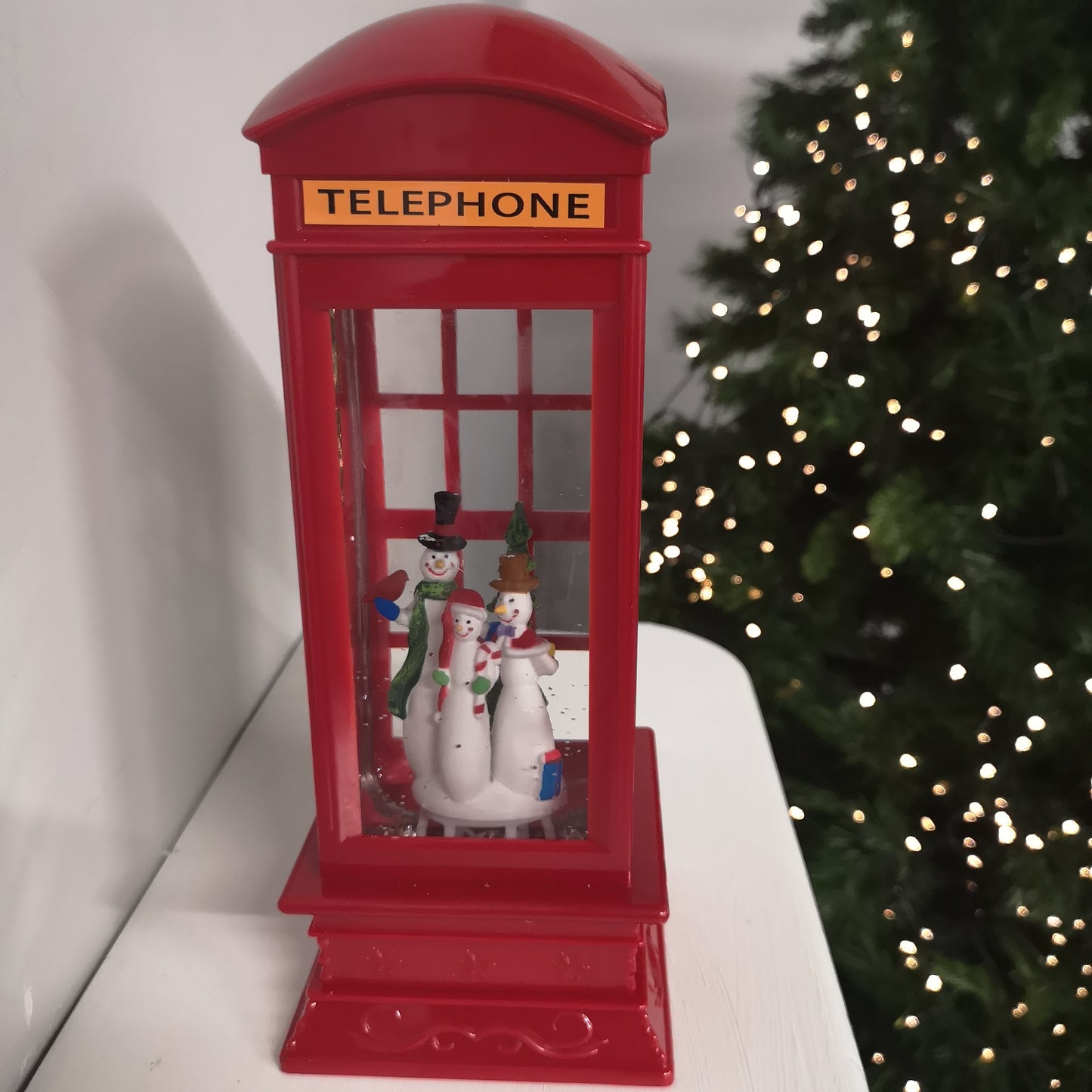 26.5cm Premier Christmas Water Spinner Telephone Box Design with Snowman Scene  Dual Power