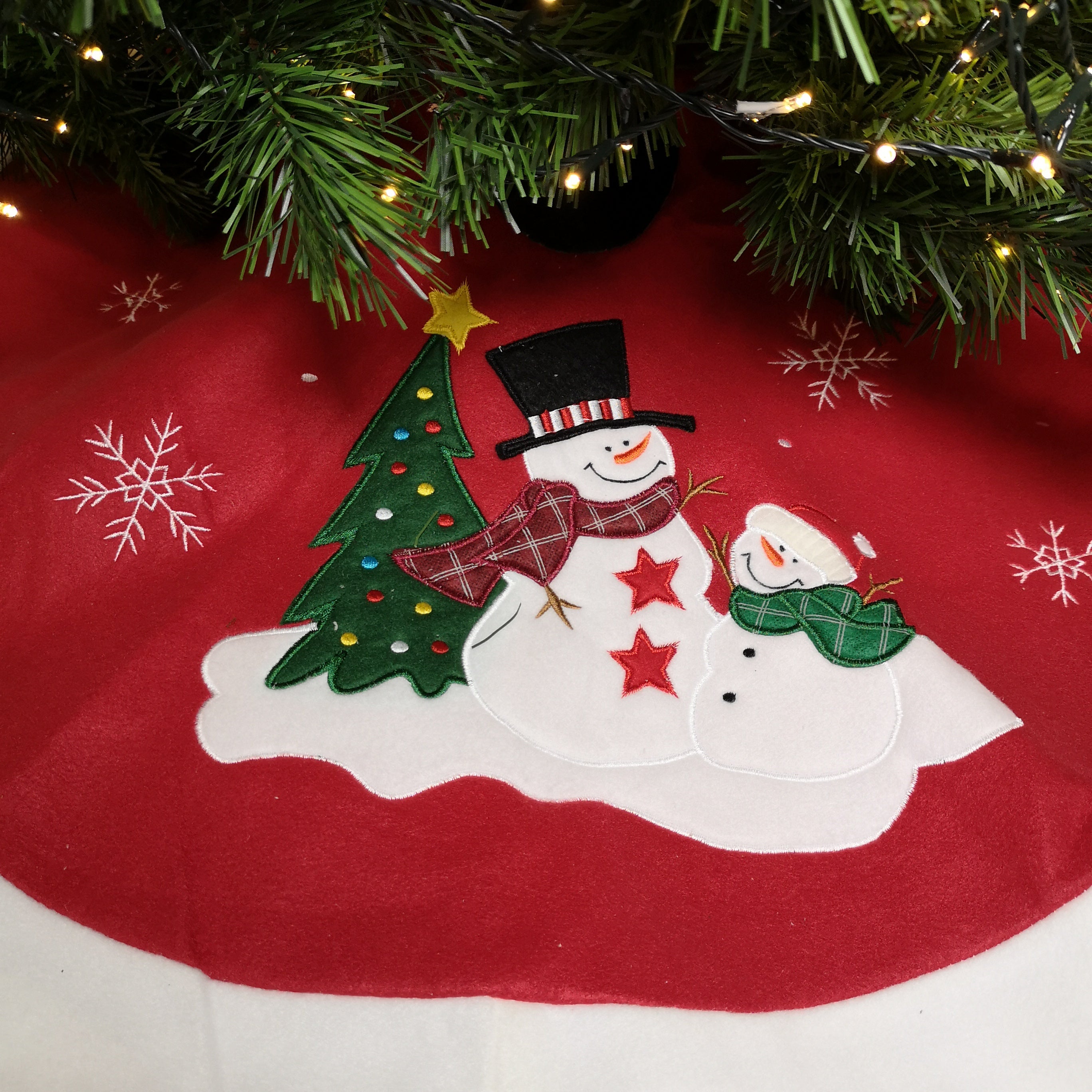 90cm Premier Red Fabric Christmas Tree Skirt with Snowman Scene
