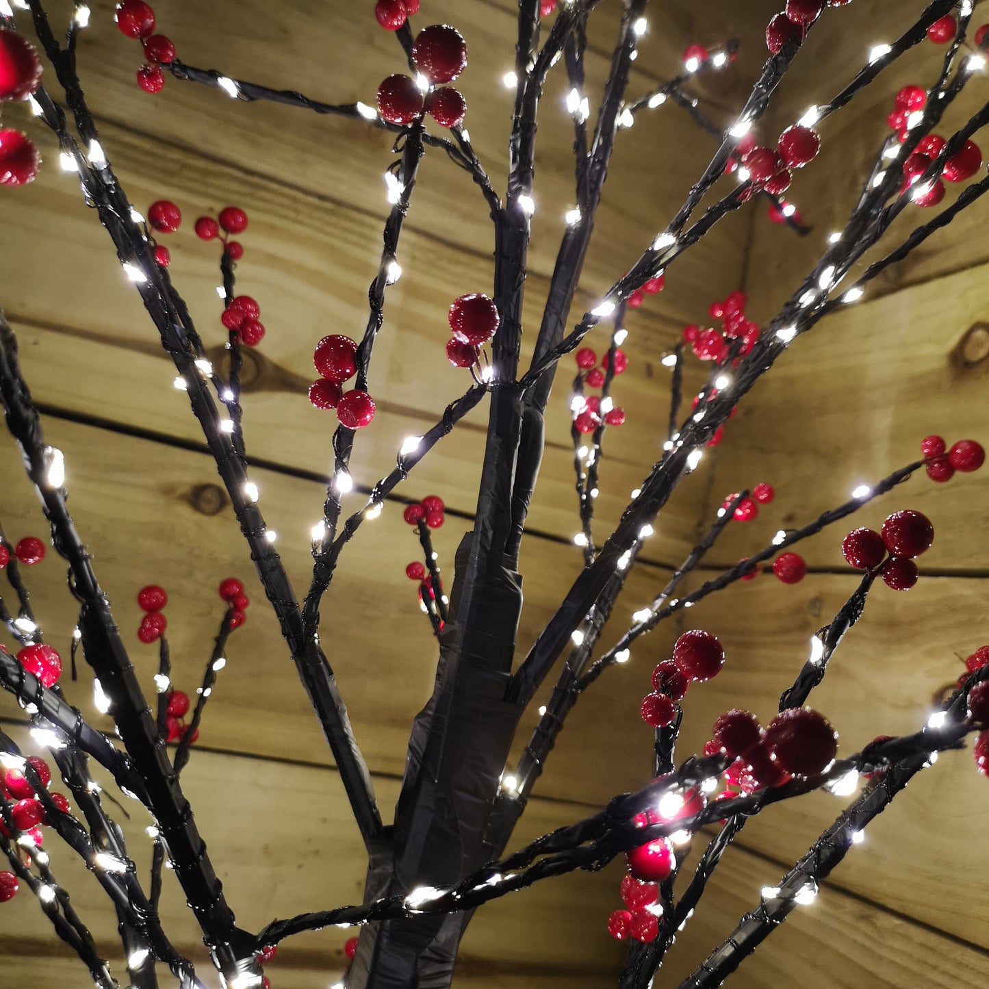 90cm 3ft Christmas Lit Black Twig Tree Red Berry 240 Warm White LED