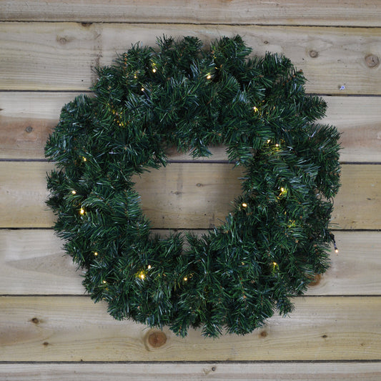 50cm Battery Powered Green Christmas Wreath Lit by 20 Warm White LEDs - 200 Tips