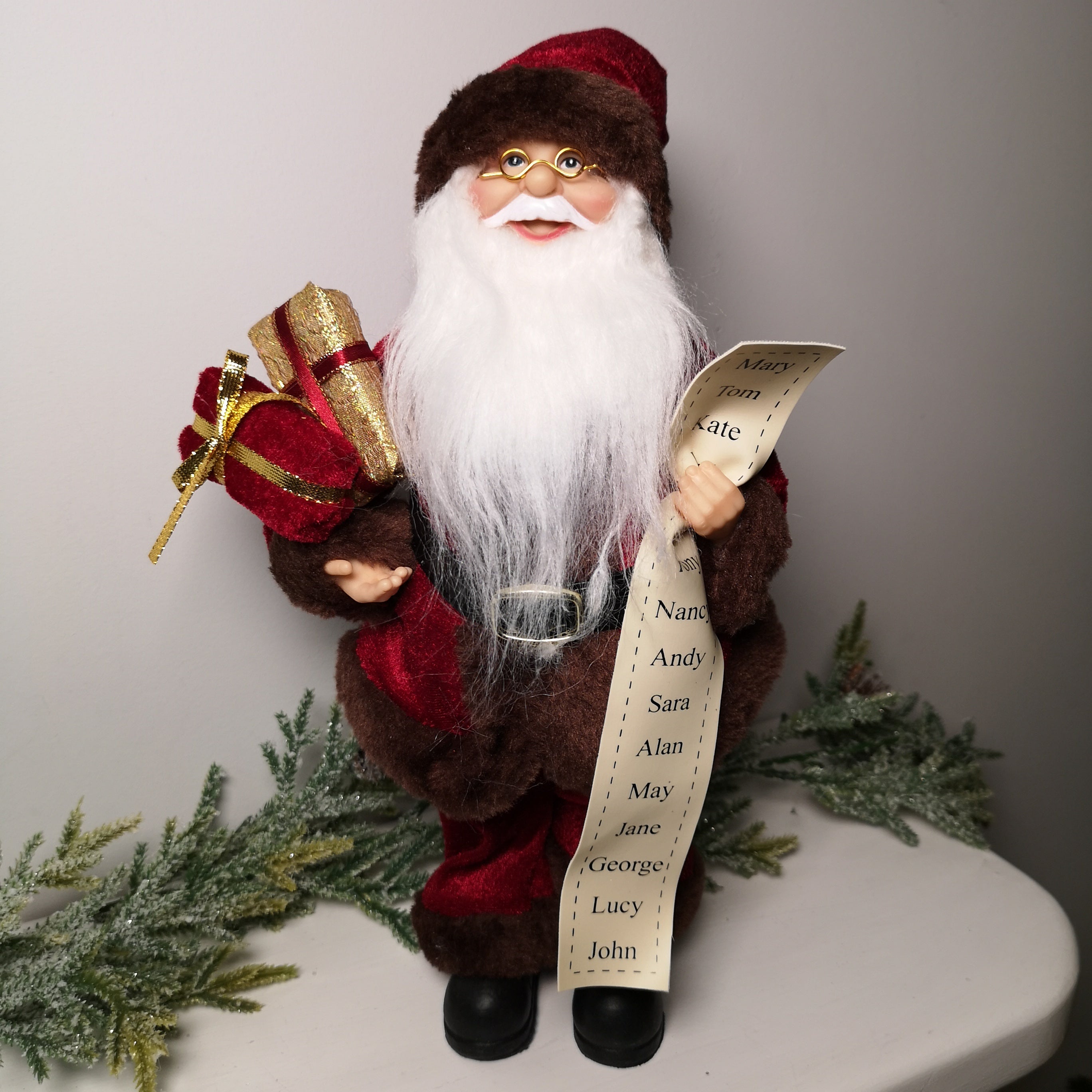 30cm Standing Father Christmas Figurine Santa Claus with Gifts & List of Names in Burgundy