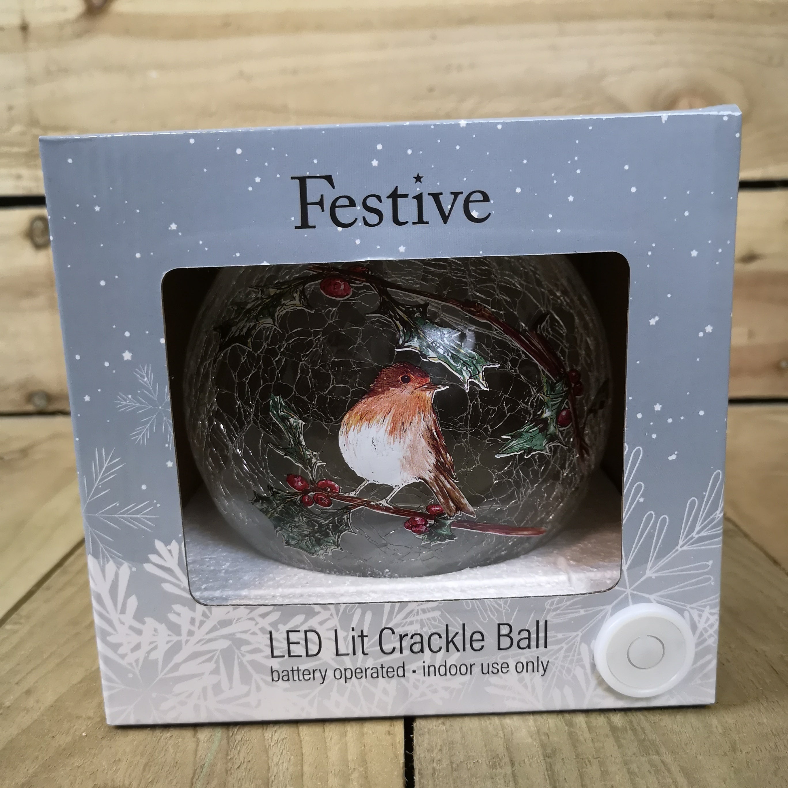Festive 15cm Battery Operated Indoor Christmas LED Lit Crackle Effect Robin Ball