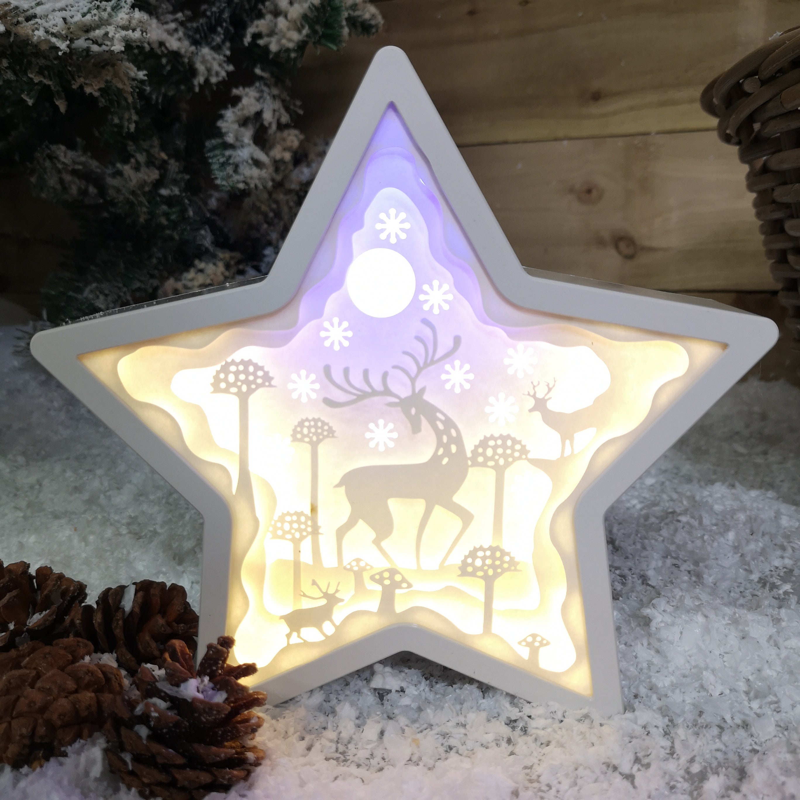 23cm Battery Operated Warm White Lit Christmas Reindeer in Star Diorama