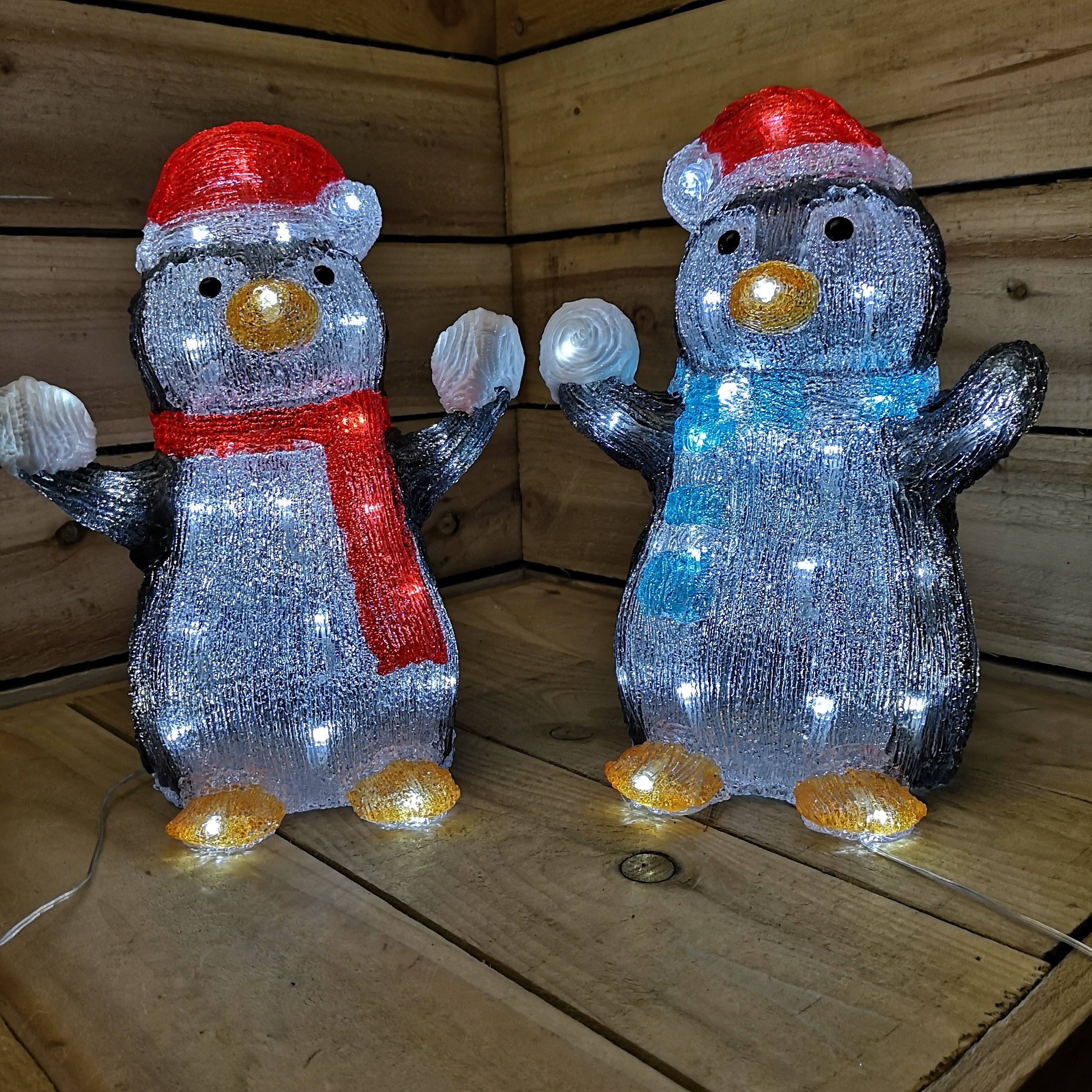 Christmas Choice of 2 Acrylic Penguin With Scarf & Snowball 40 LED Lights /Timer Function