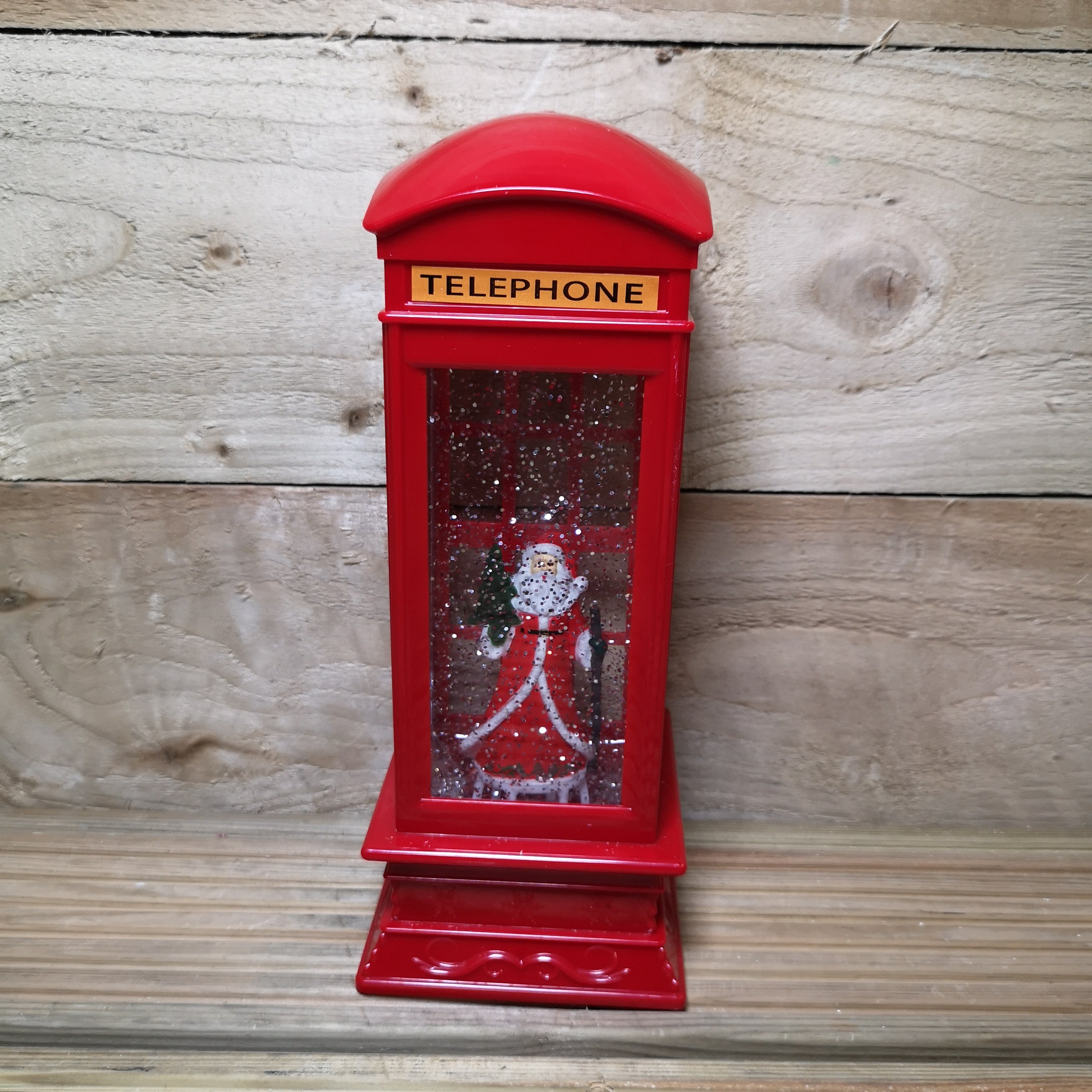 27cm Dual Power Christmas Glitter Water Spinner Red Phone Box Santa Scene