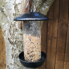 Tom Chambers 2 Port Garden Wild Bird Hanging Hammered Steel Black and Silver Seed Feeder