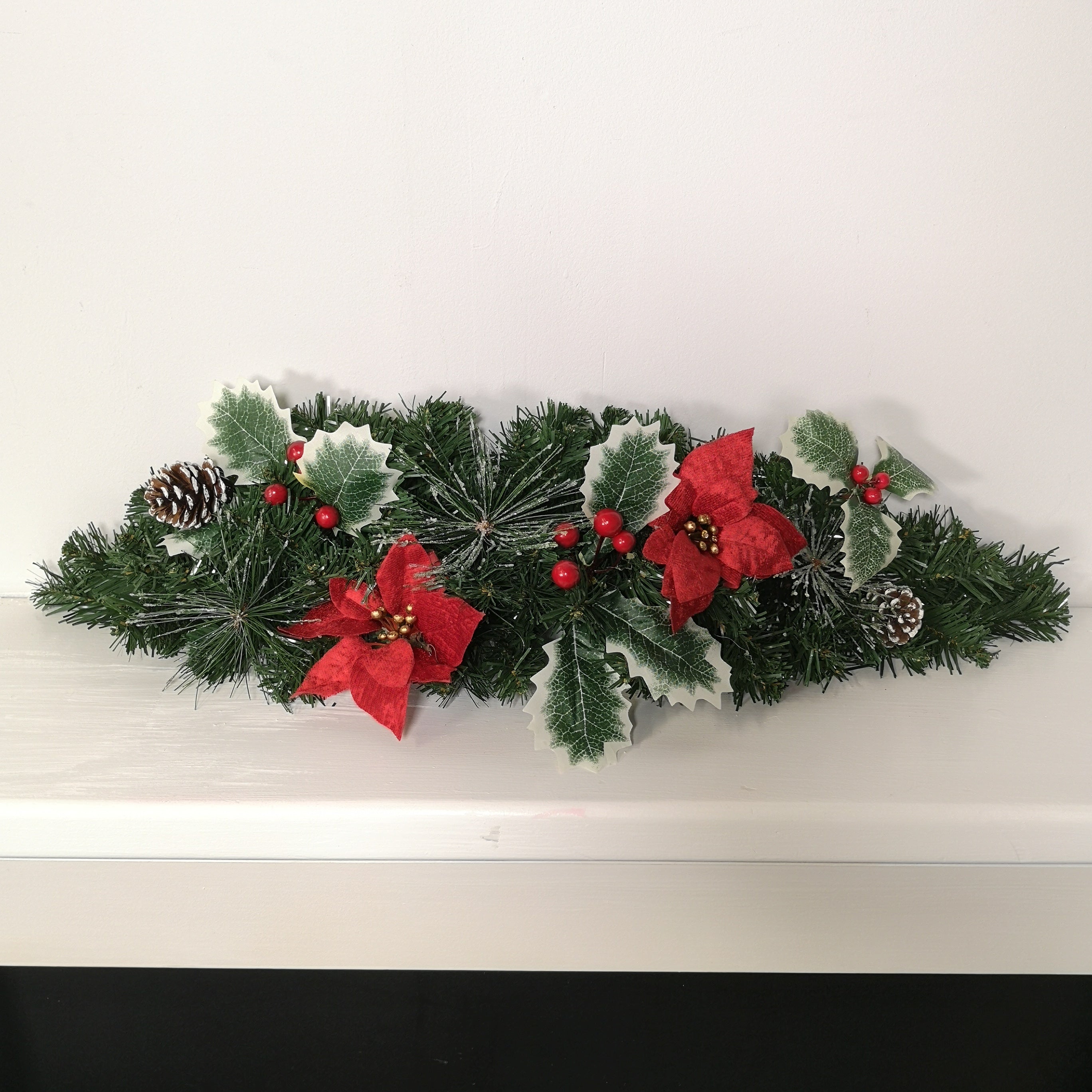 60cm Christmas Swag with Poinsettia and Holly Leaves / Berries