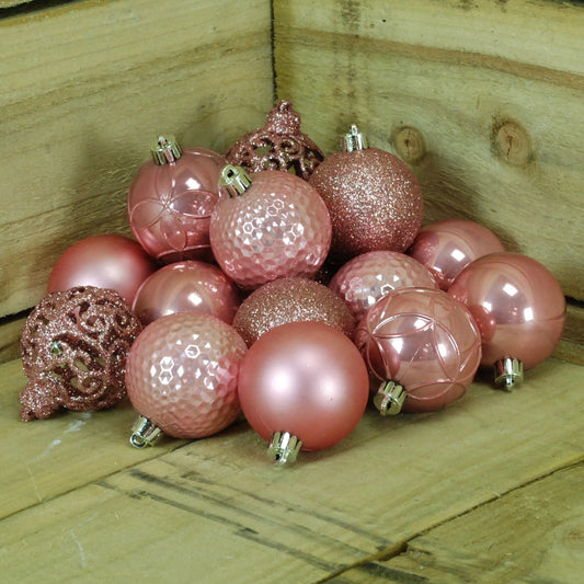 Shatter Proof Christmas Baubles in Wild Rose - Box of 37 in 6 Different Designs 1663