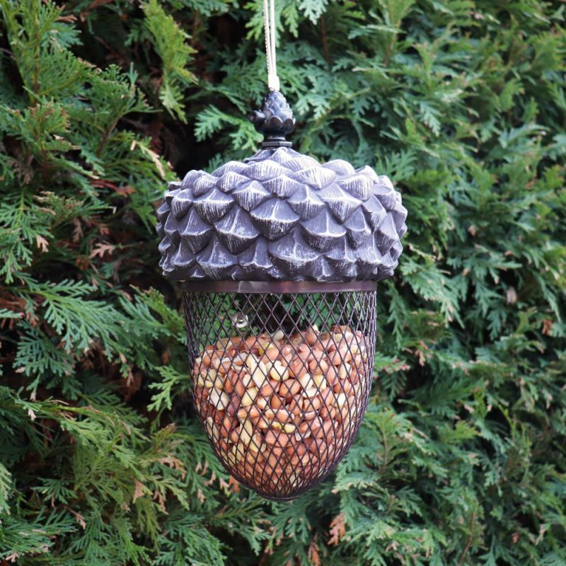 25cm Hanging Acorn Garden Wild Bird Peanut Feeder with Pewter Finish