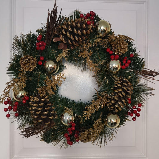 40cm Gold Dressed Christmas Wreath, Baubles, Pinecones and Berries