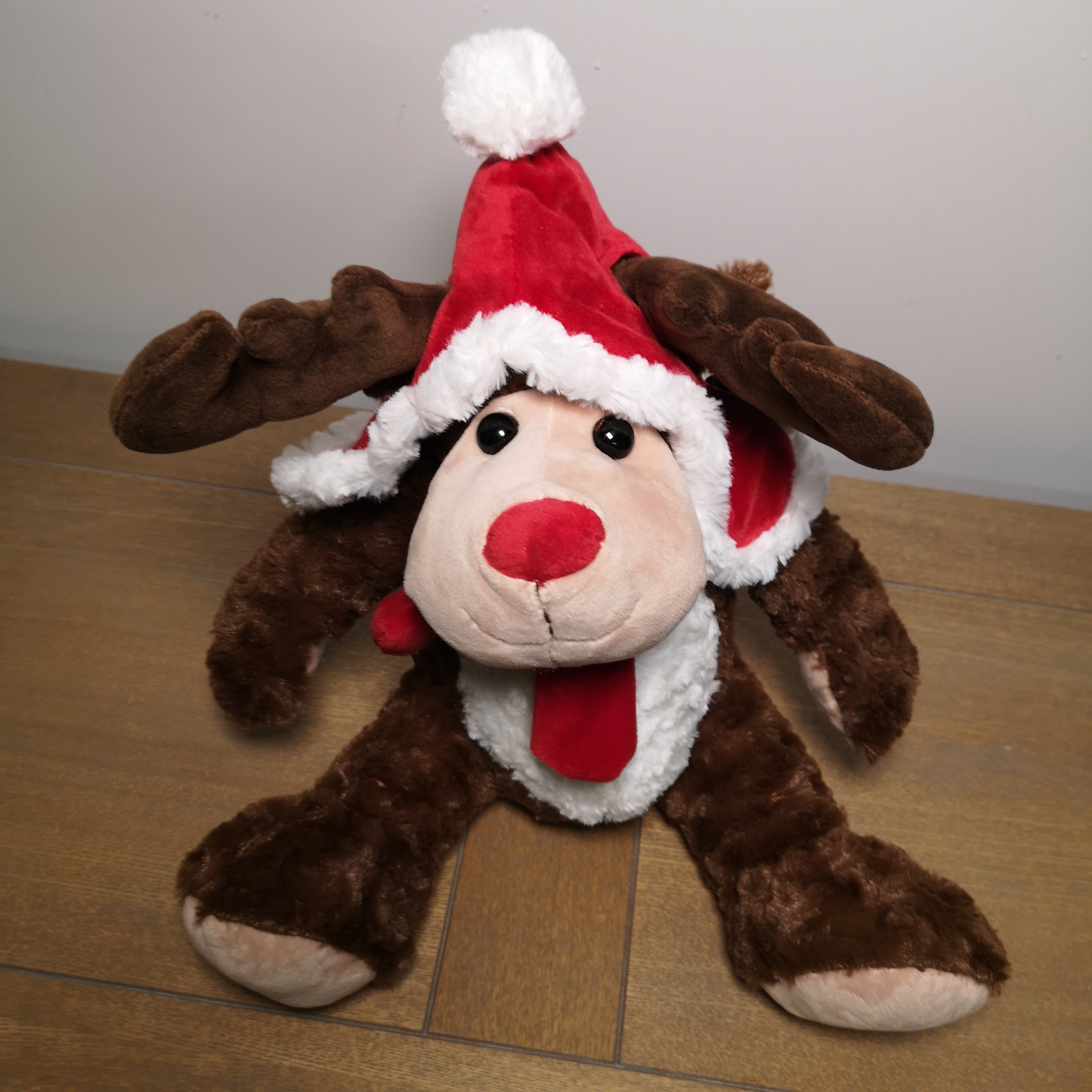 30cm Sitting Plush Christmas Reindeer with Red Hat & Scarf