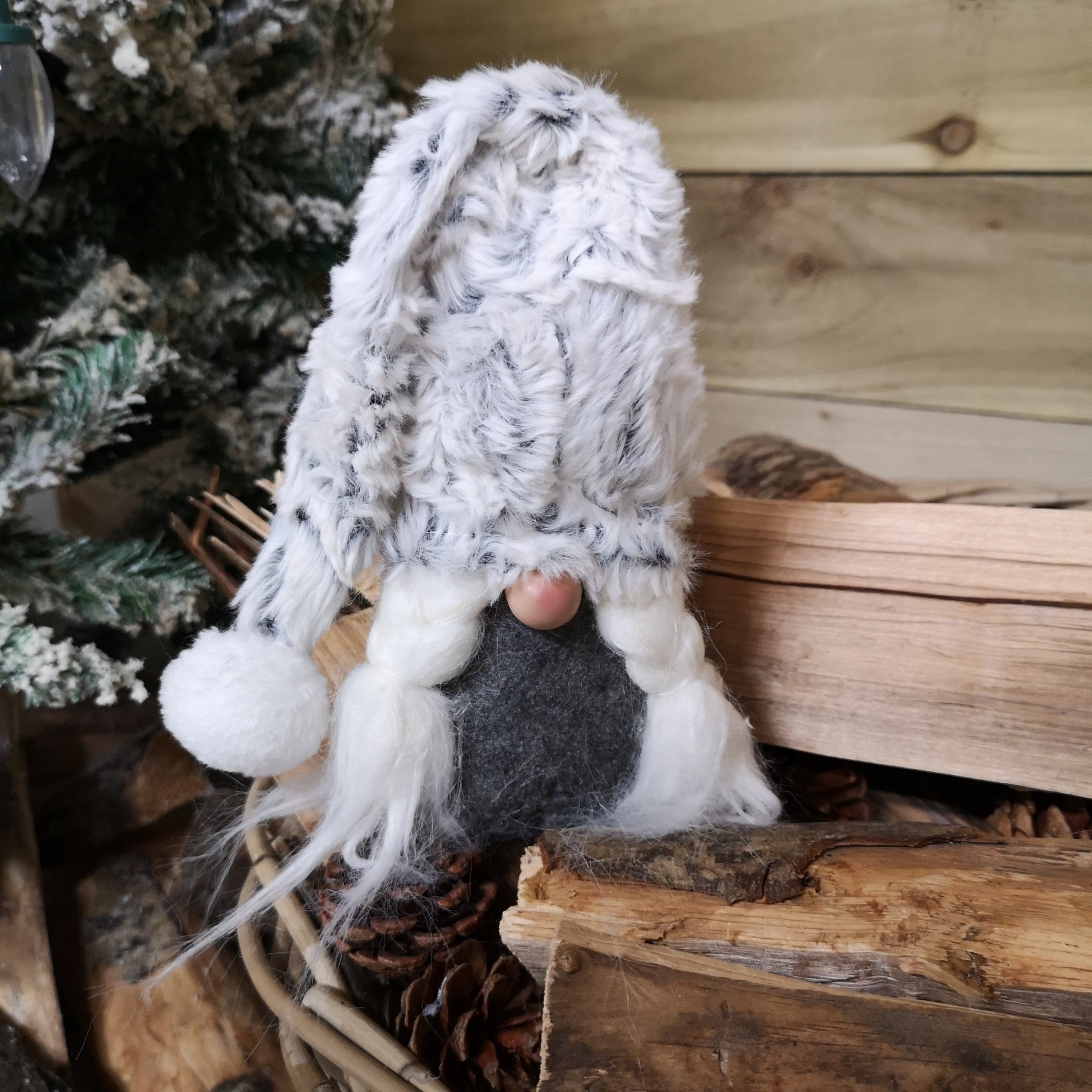 40cm Festive Christmas Sitting Grey Gonk with Fur Hat - Choice of Male or Female