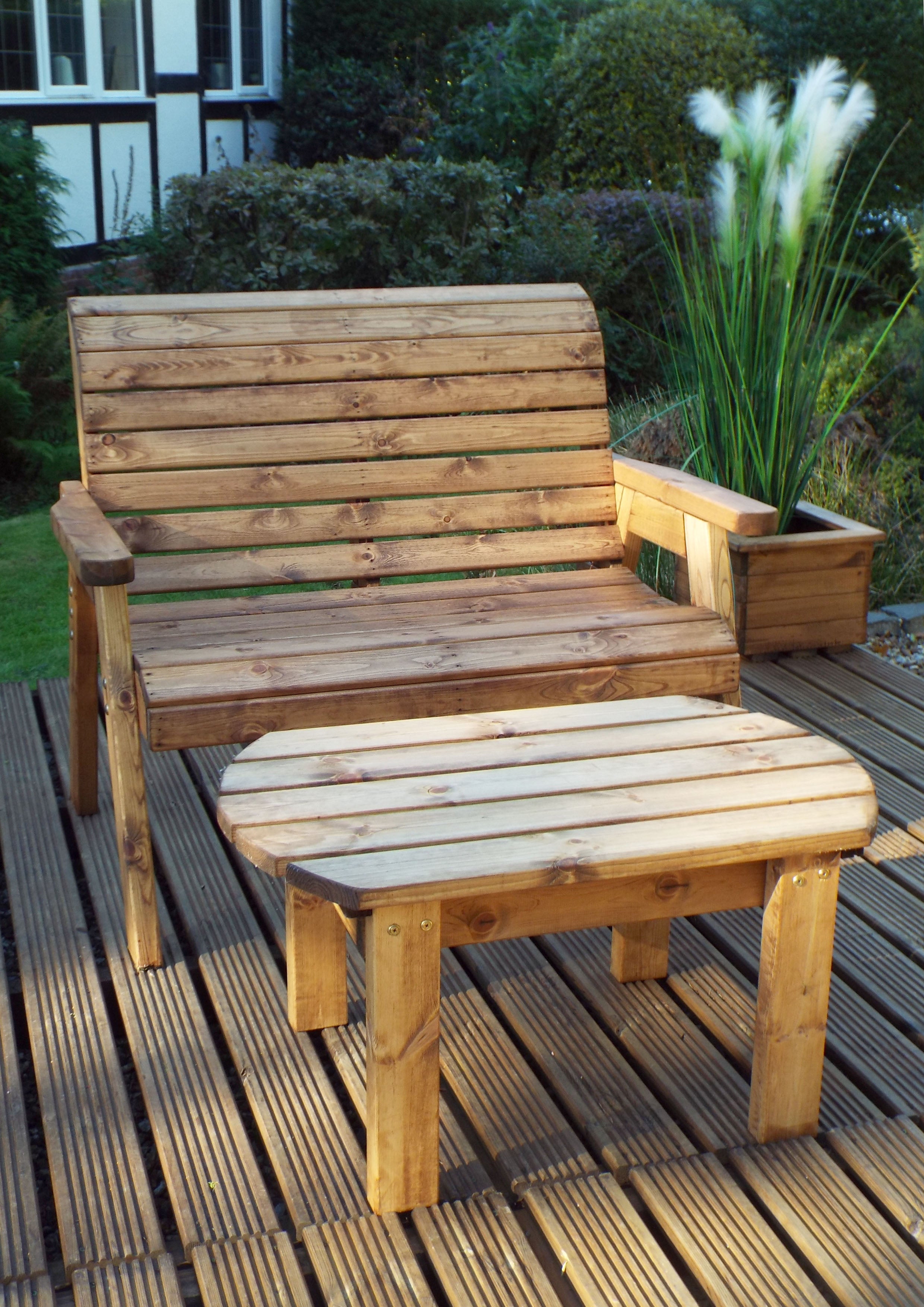 Hand Made 2 Seater Chunky Rustic Wooden Garden Furniture Bench With Coffee Table