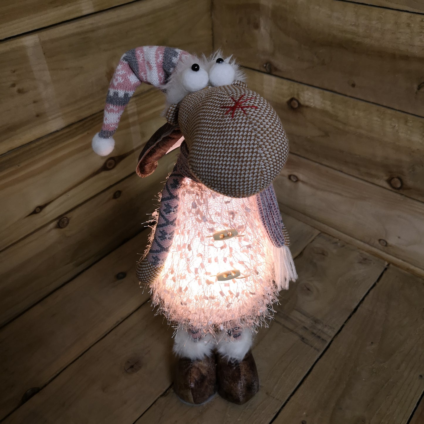 50cm Battery Warm White Light Up Standing Christmas Reindeer with Pink and Grey Hat