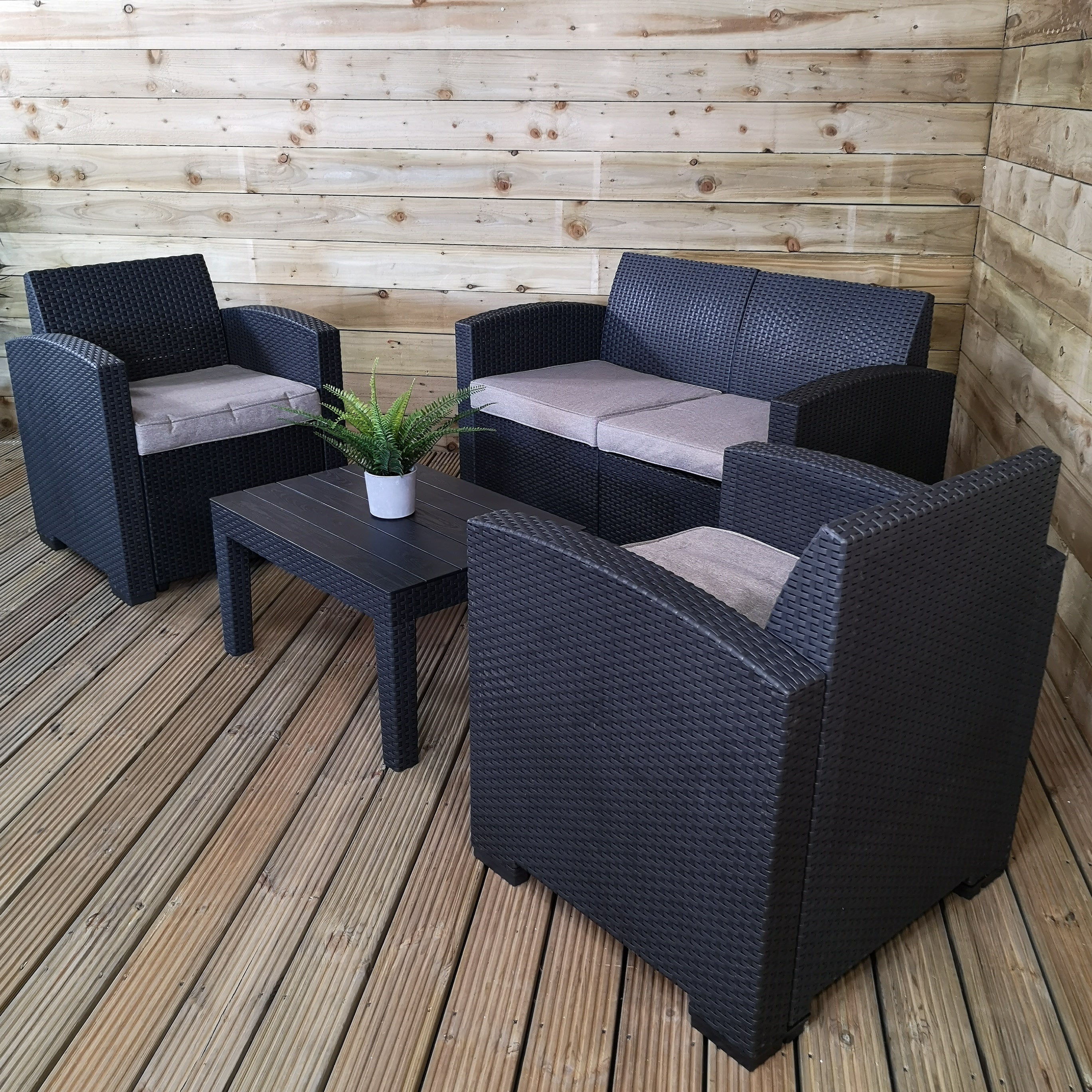 Samuel Alexander Luxury Sturdy Black Rattan Garden Sofa Set With Chairs 4 Piece Rattan Furniture Set Lounger, Includes Sofa, 2 Chairs And Coffee Table