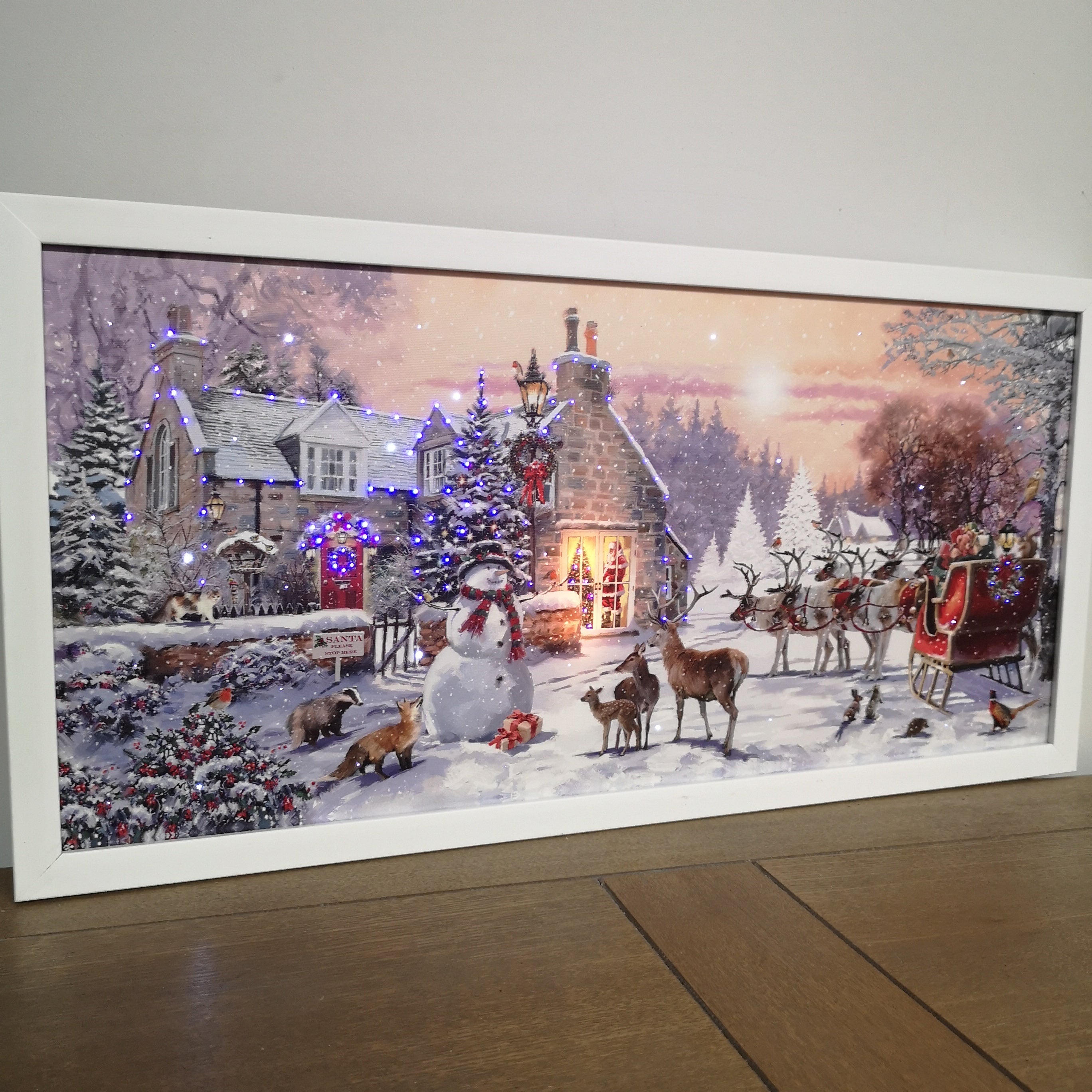 60 x 30cm Battery Operated Fibre Optic Touch Activated LED Christmas Wall Art with Santa Cottage Scene