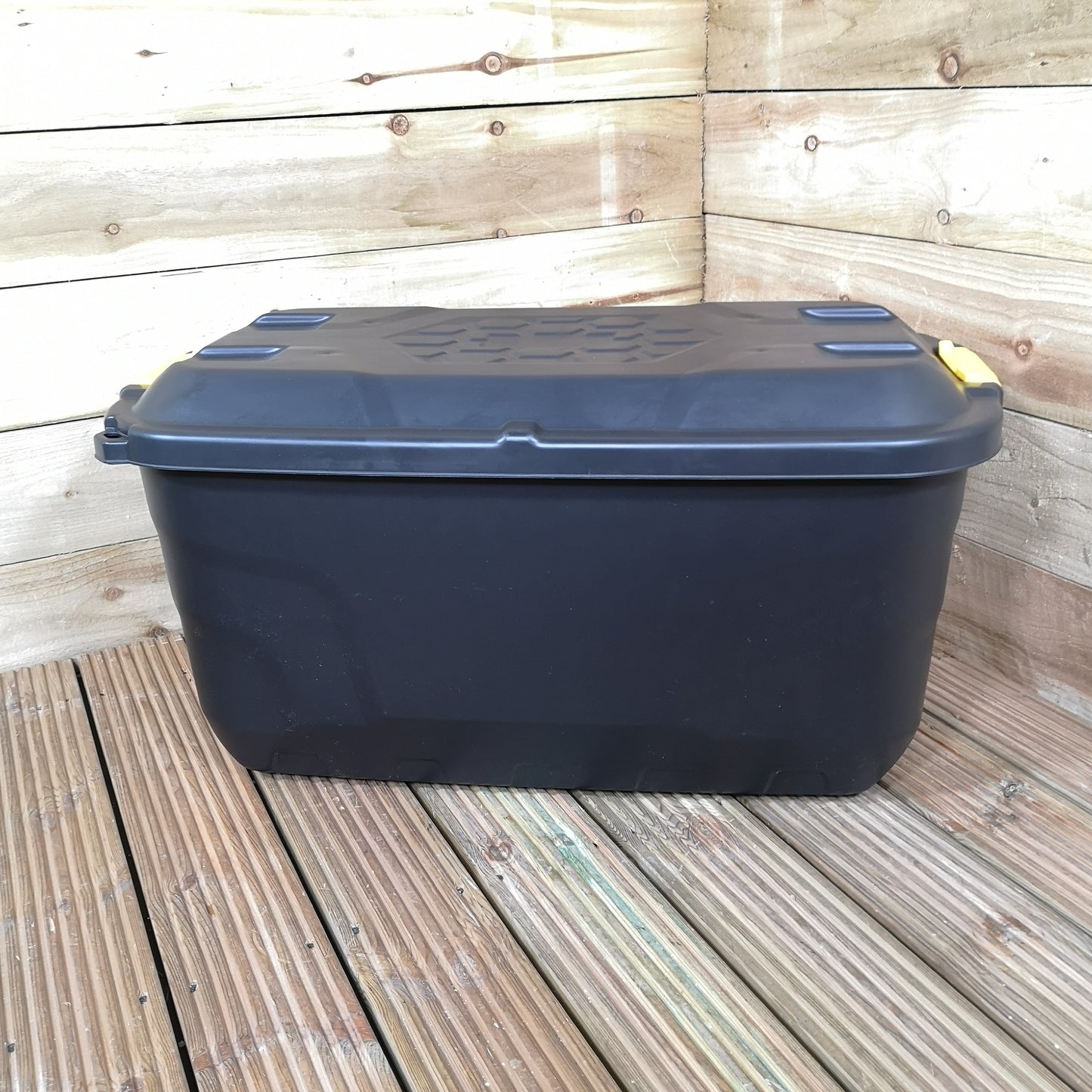 75L Heavy Duty Trunk on Wheels Sturdy, Lockable, Stackable and Nestable Design Storage Chest with Clips in Black