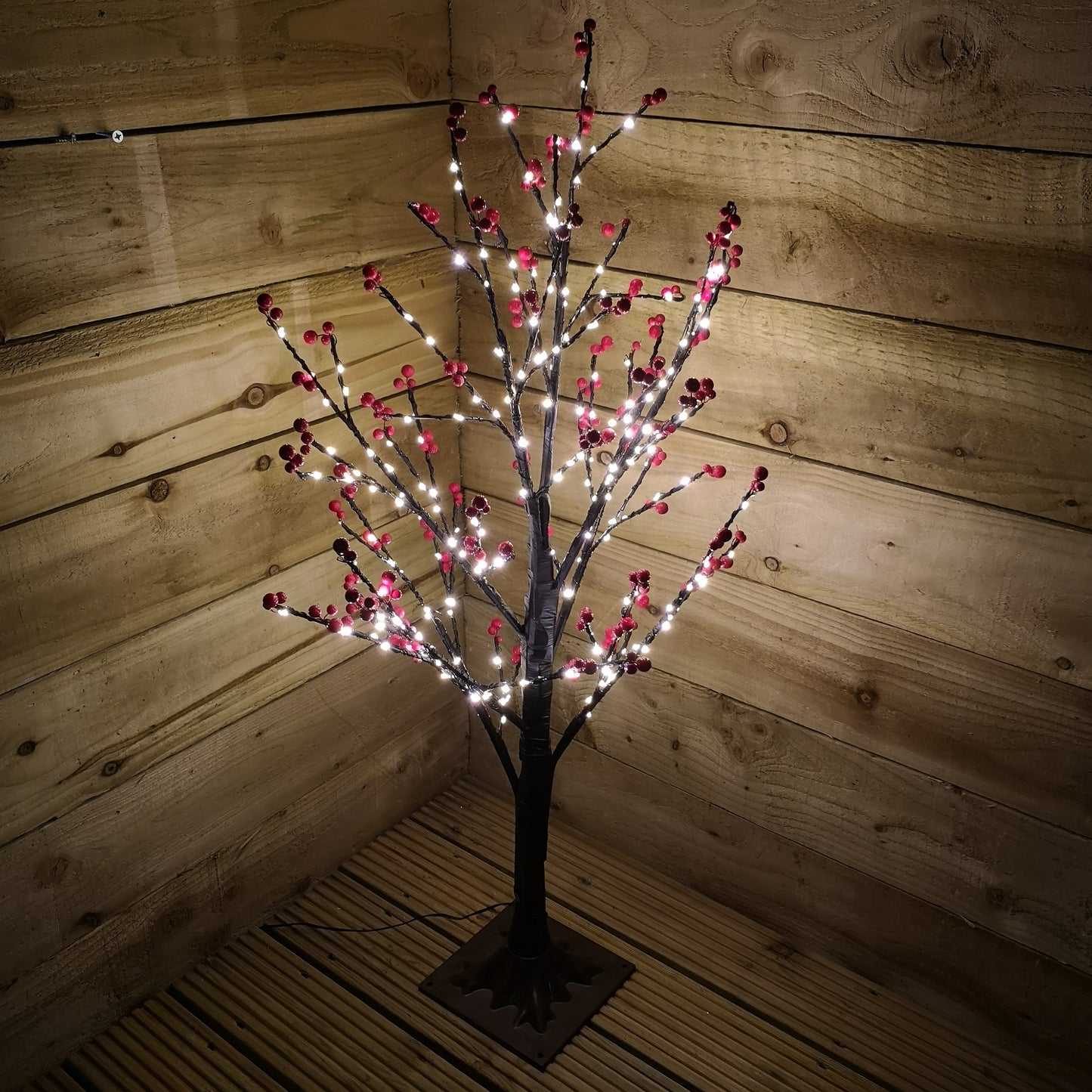 90cm 3ft Christmas Lit Black Twig Tree Red Berry 240 Warm White LED