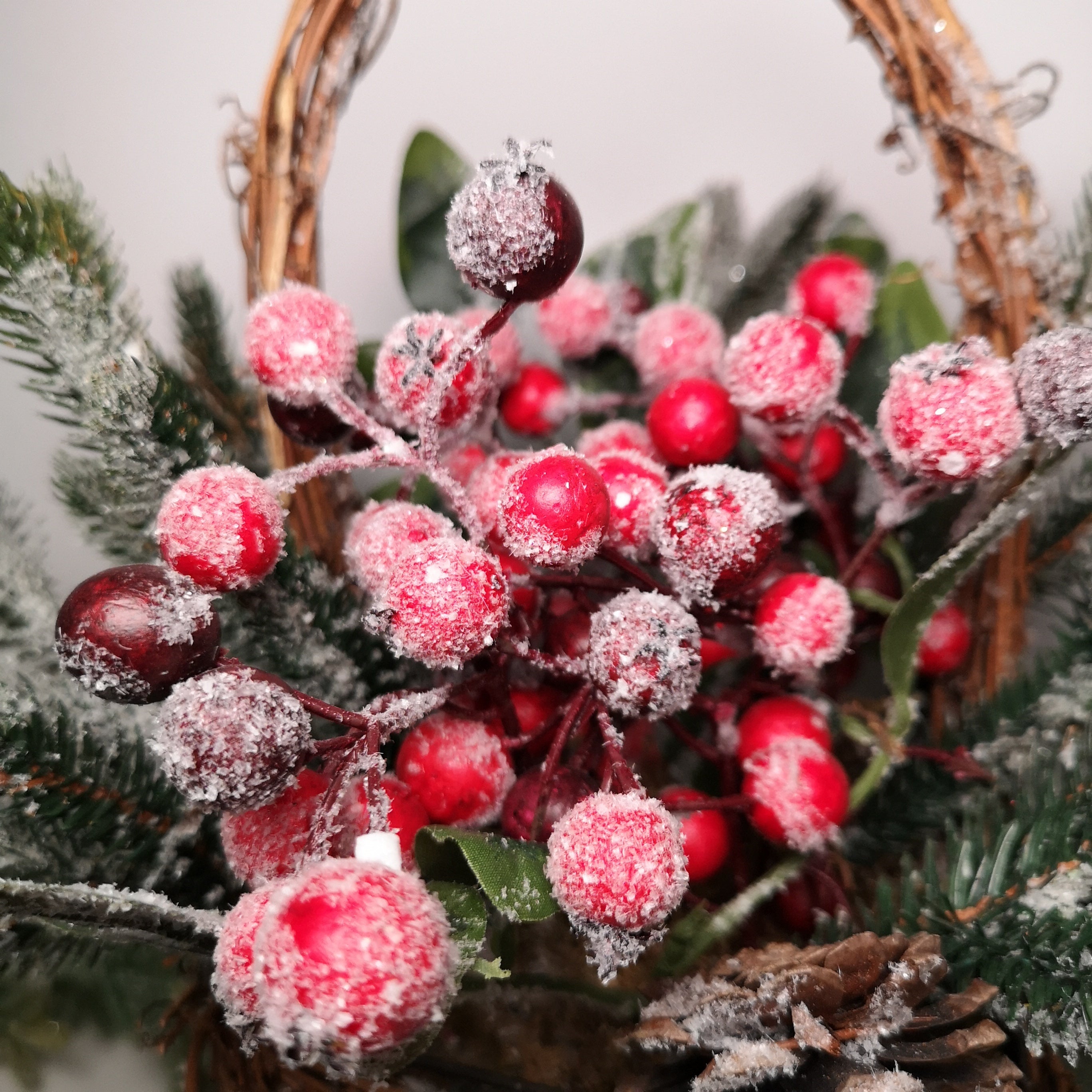 35cm Decorative Snow Flocked Christmas Basket Decoration with Berries & Pine Cones