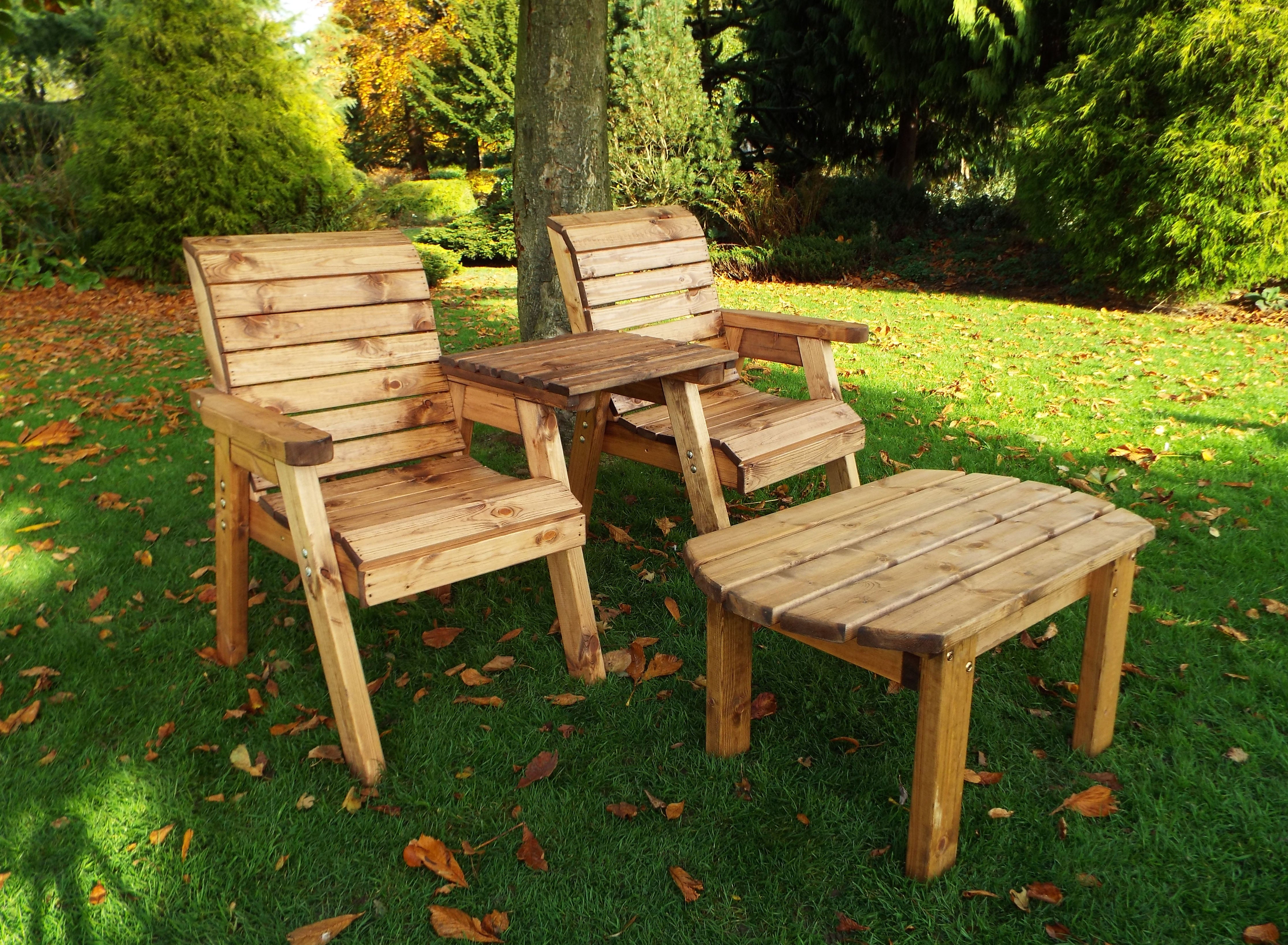 Hand Made Rustic Wooden Garden Furniture Twin Companion Set & Coffee Table