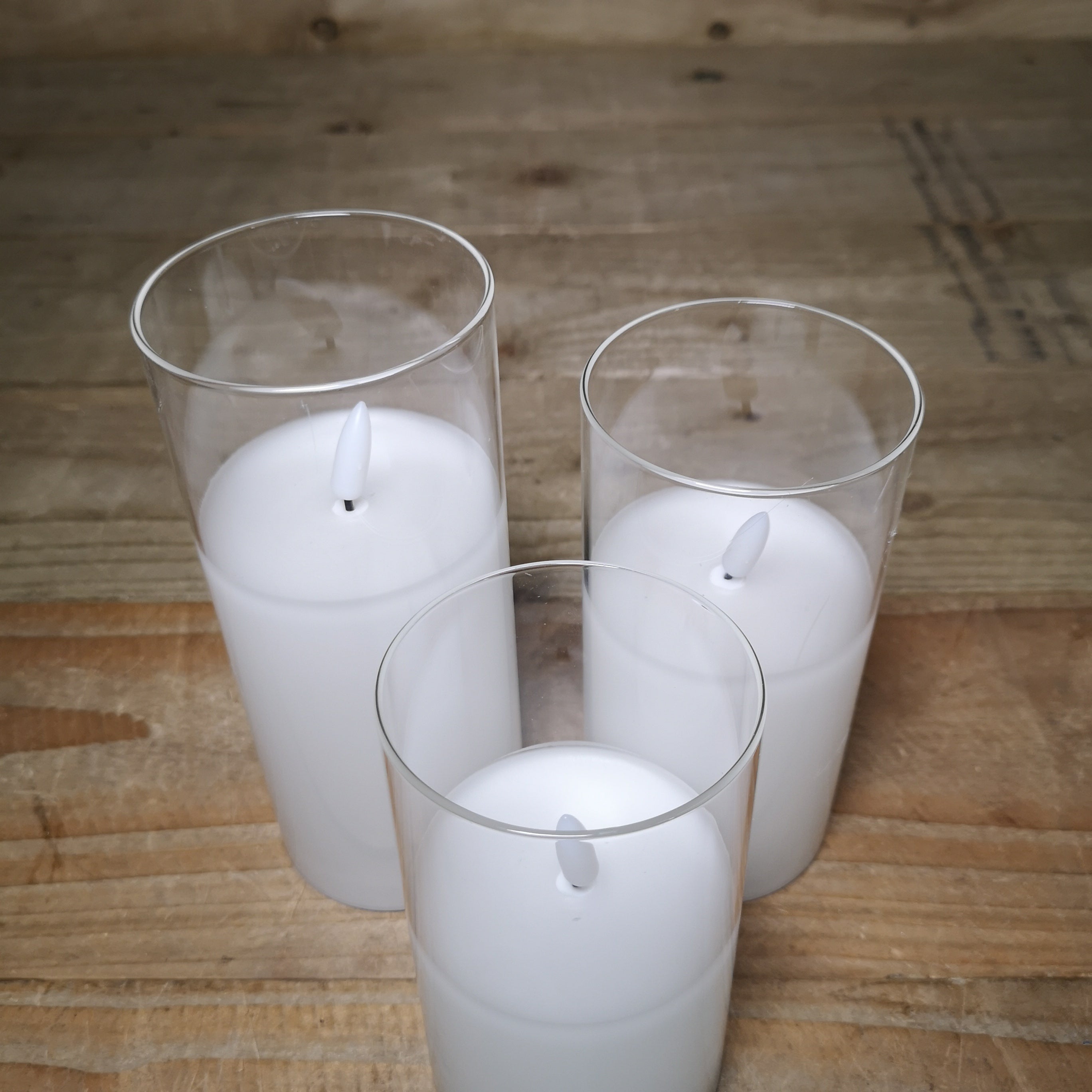 Set of 3 Warm White Battery Operated Christmas Wax Candles with Timer in Clear Glass