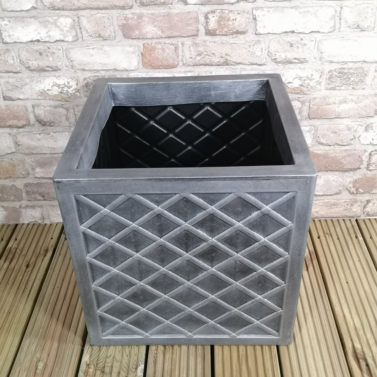39cm Large Lazio Square Grey Plastic Pewter Effect Garden Planter 