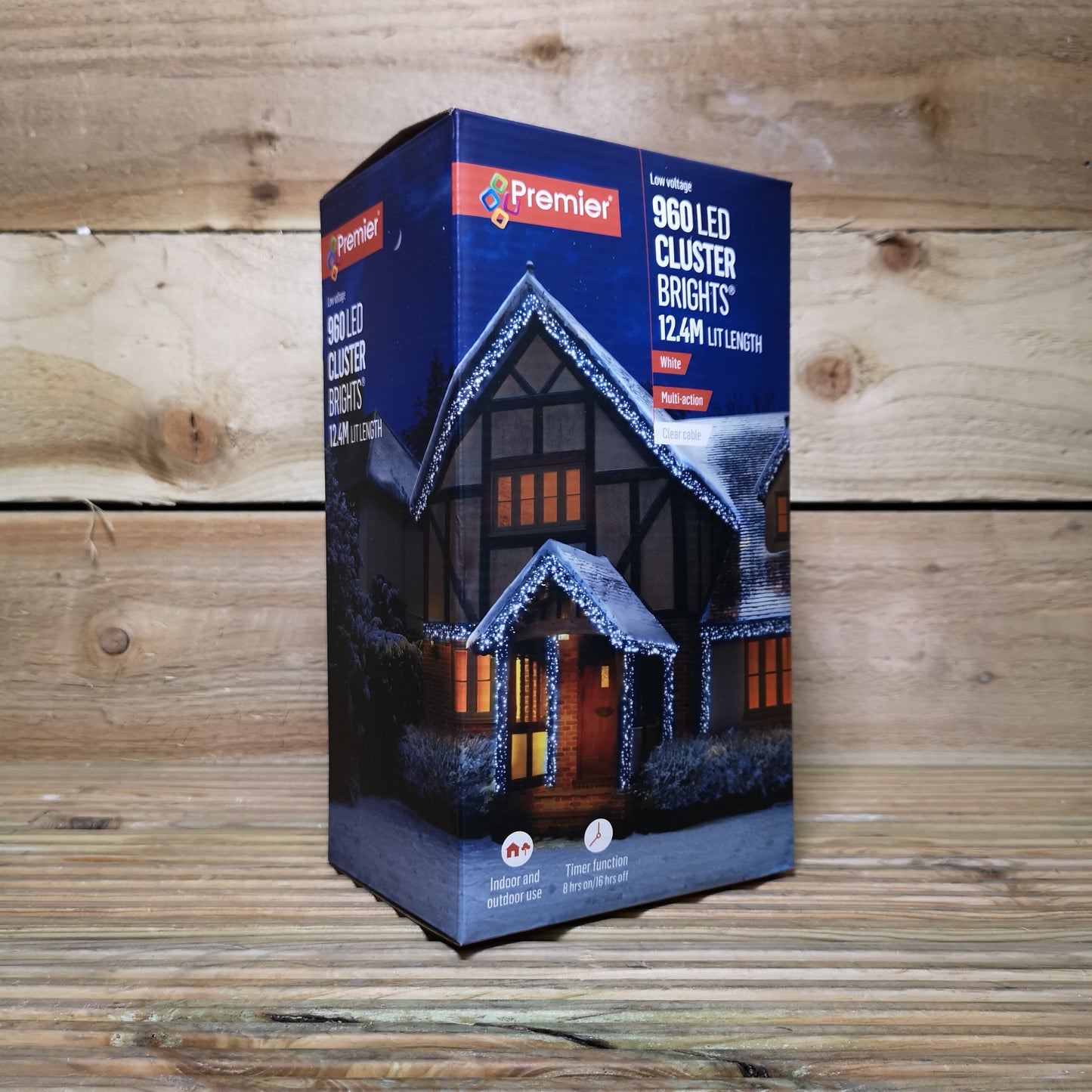 960 LED 12m Premier Cluster Indoor Outdoor Multi Function Mains Operated Christmas Lights with Timer on Clear Cable in Cool White