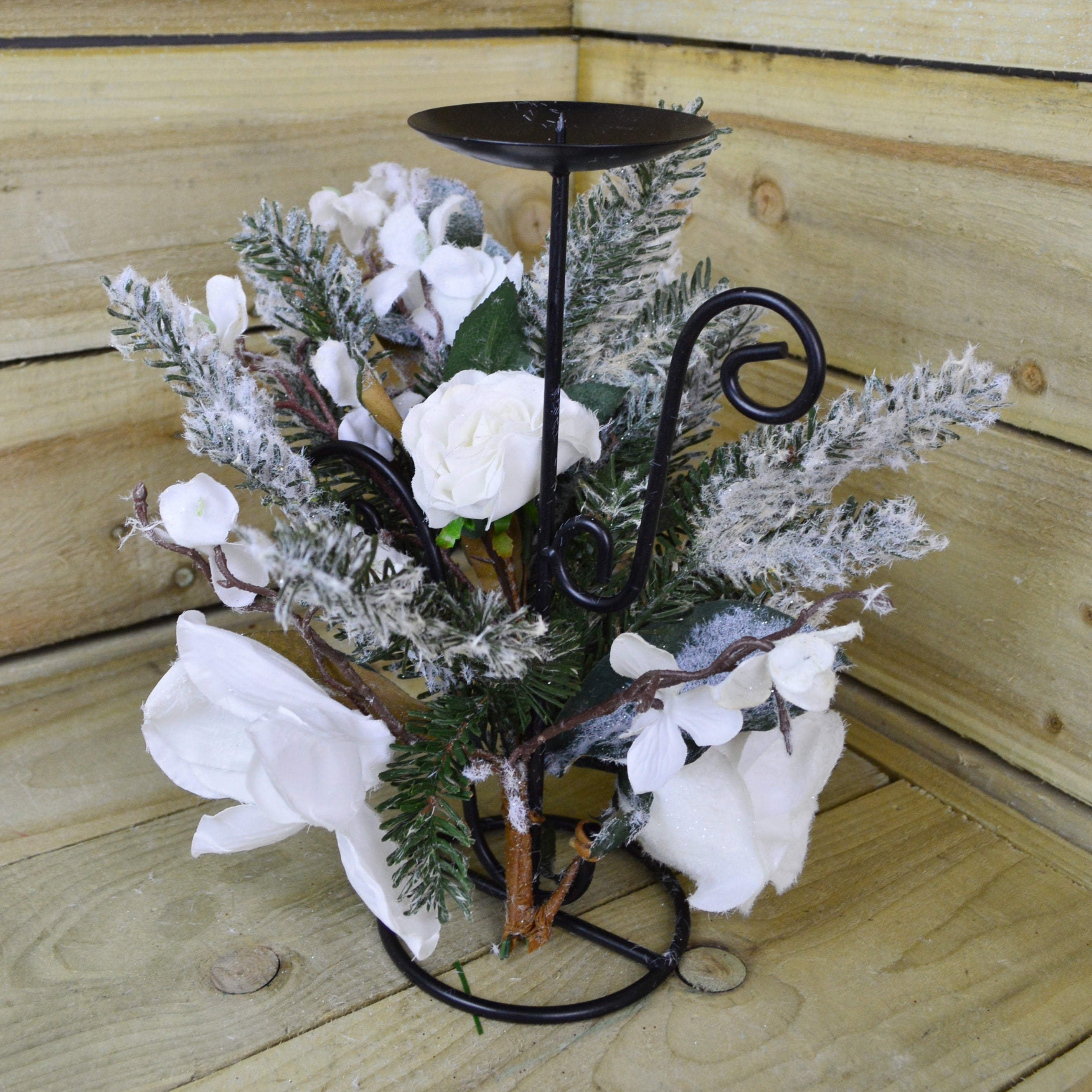 30cm Decorated Candle Holder Centrepiece with Snow Flocked Winter Flowers