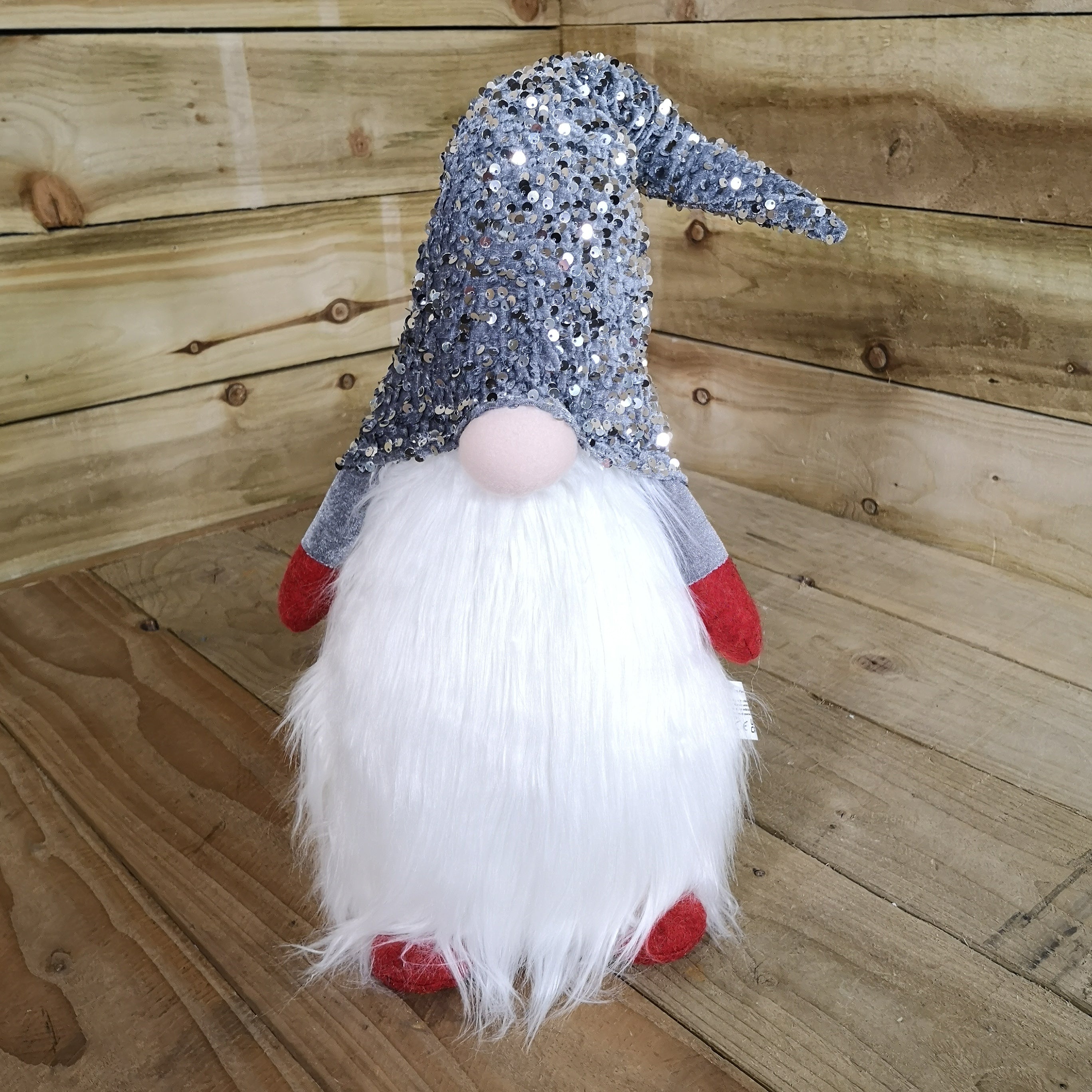 63cm Tall Light Up Christmas Gnome Gonk Decoration With Grey Sequins Sitting