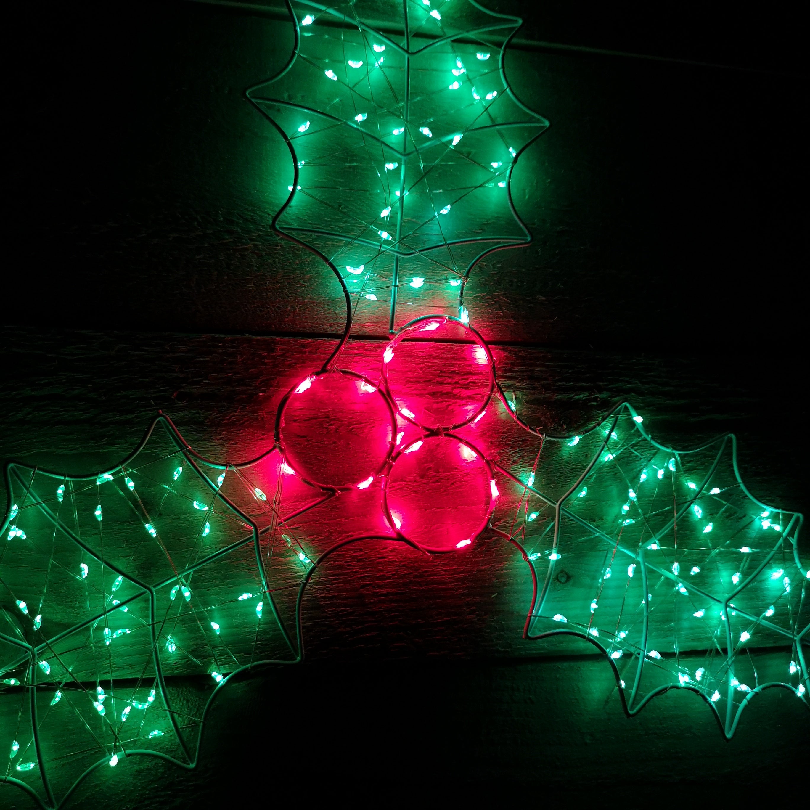 44cm LED Indoor Outdoor Christmas Holly Silhouette with Berries Decoration in Red and Green
