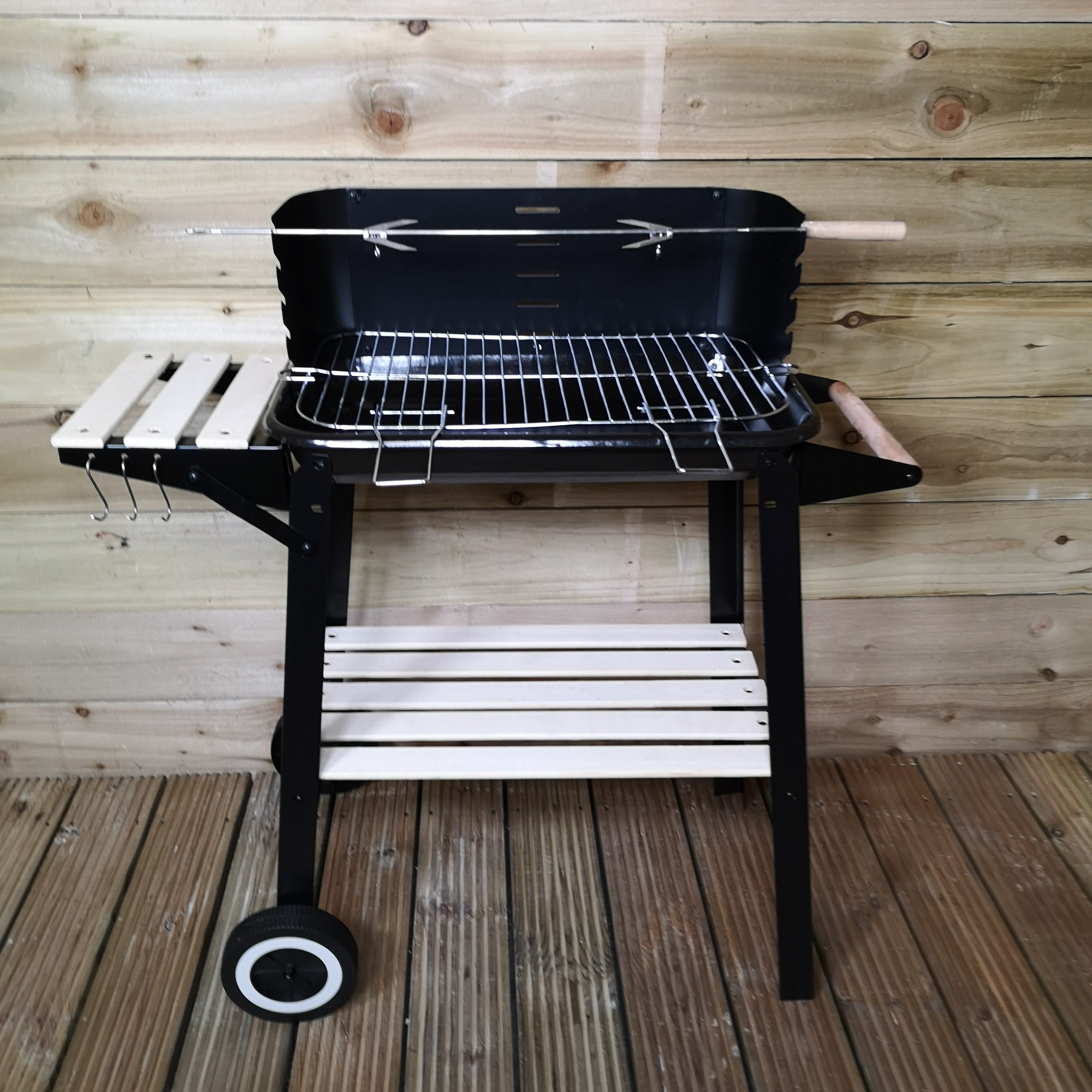 Rectangular Trolley Charcoal BBQ With Wheels Black with Wooden Shelves 54 x 34 x 65cm