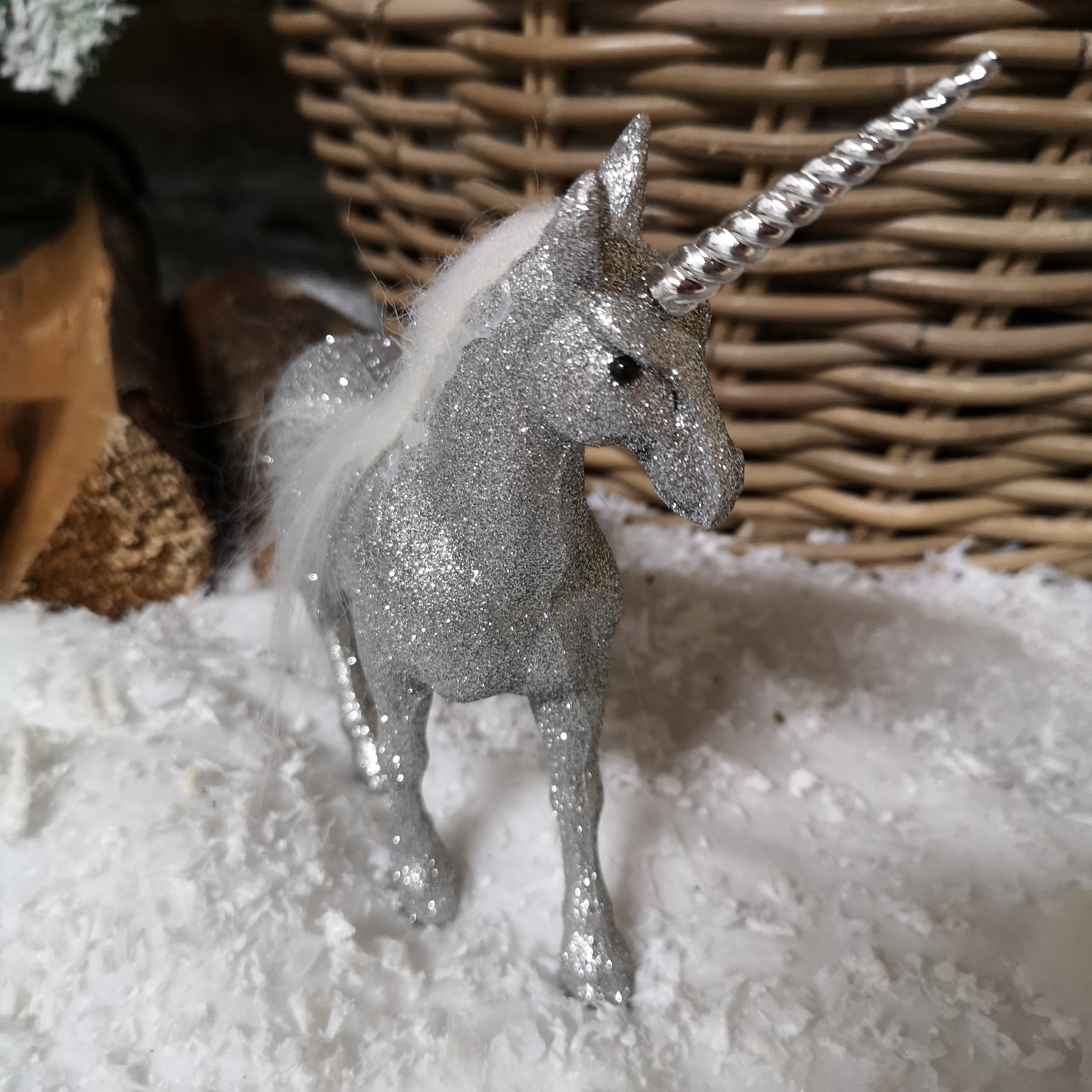 17cm Glitter Standing Unicorn Ornament Christmas Decoration in Silver