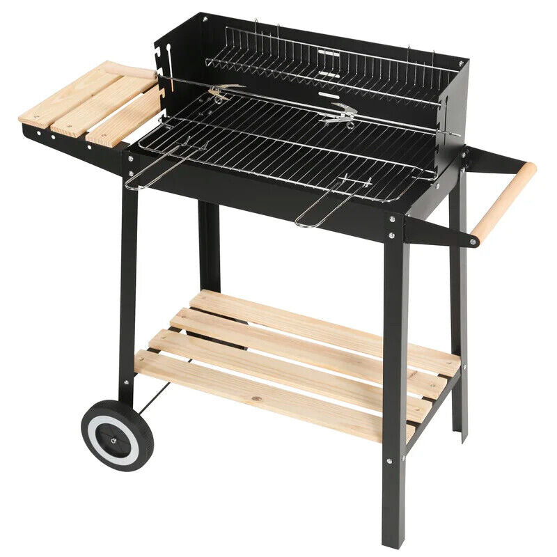 Rectangular Trolley Charcoal BBQ Grill with Shelves & Wheels 85 x 80 x 41cm