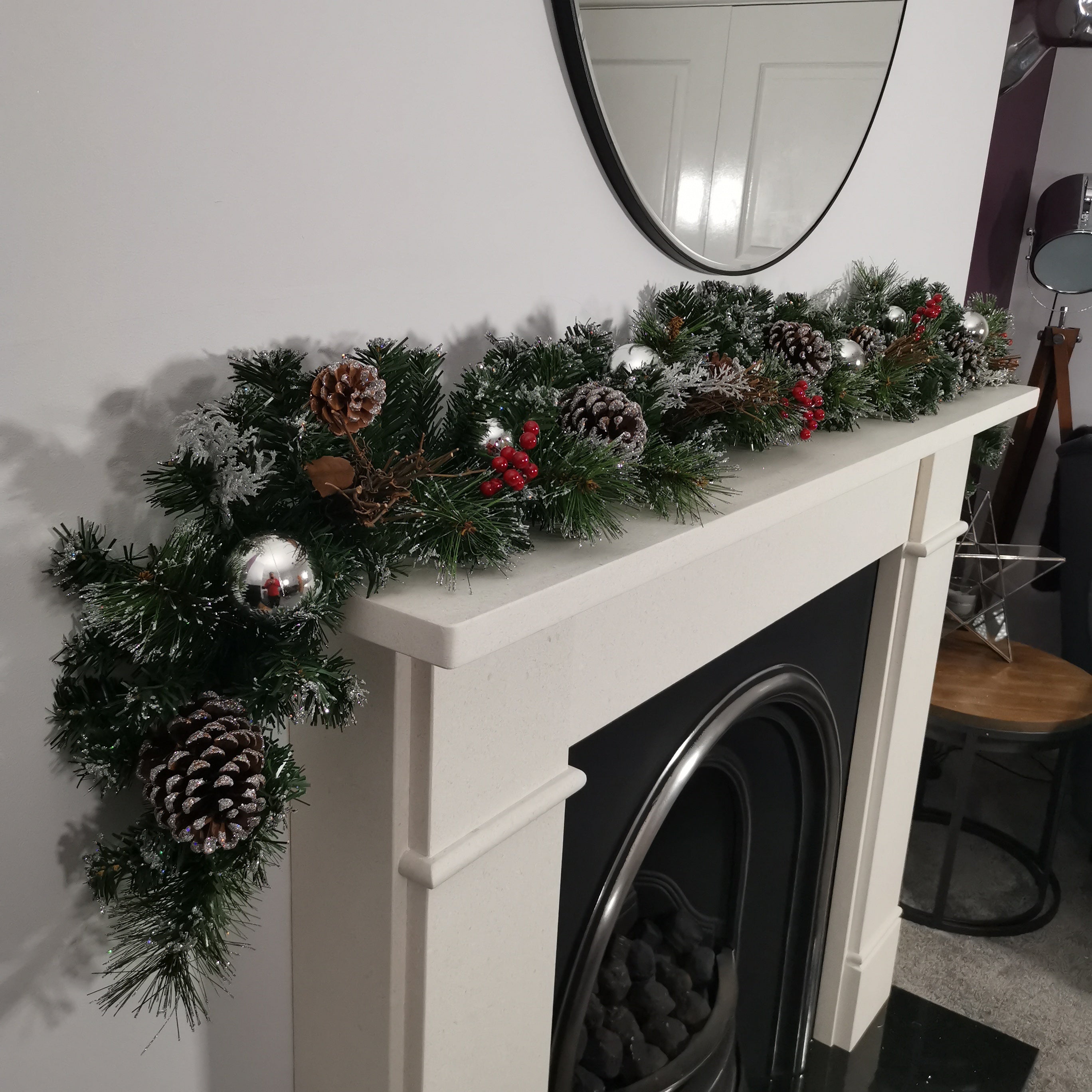 Premier 180cm (6ft) Festive Silver Dressed Christmas Garland With Berries Pinecones And Silver Baubles