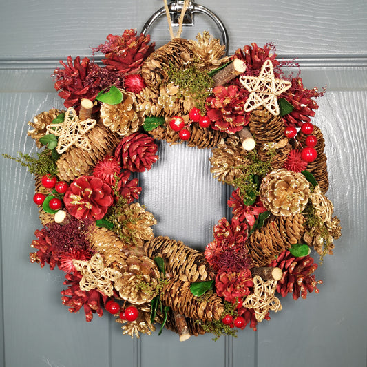 36cm Christmas Wreath in Gold & Red with Pine Cones and Berries 2736