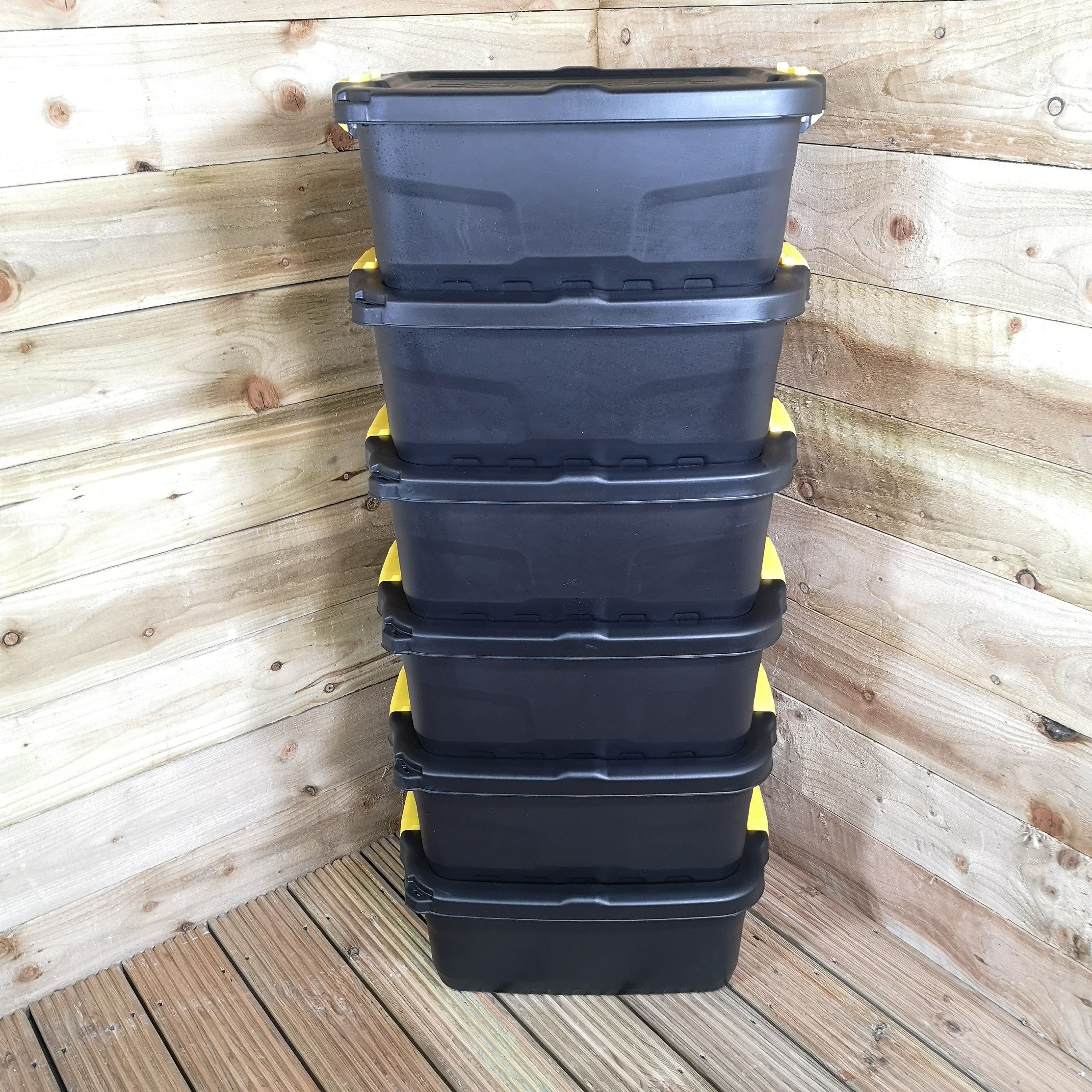 6 x 24L Heavy Duty Storage Boxes, Sturdy, Lockable, Stackable and Nestable Design Storage Chests with Clips in Black