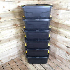 6 x 24L Heavy Duty Storage Boxes, Sturdy, Lockable, Stackable and Nestable Design Storage Chests with Clips in Black