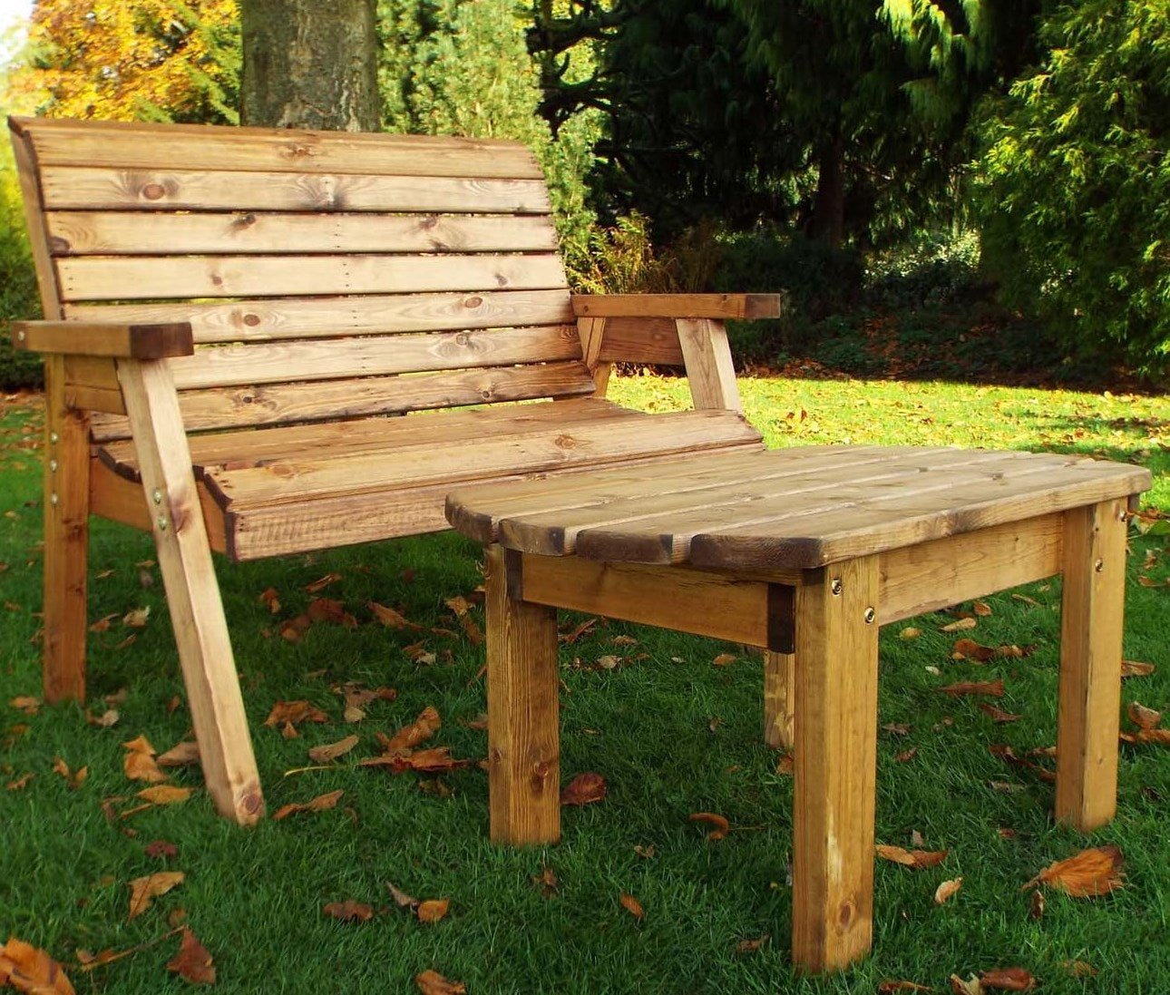 Hand Made 2 Seater Chunky Rustic Wooden Garden Furniture Bench With Coffee Table