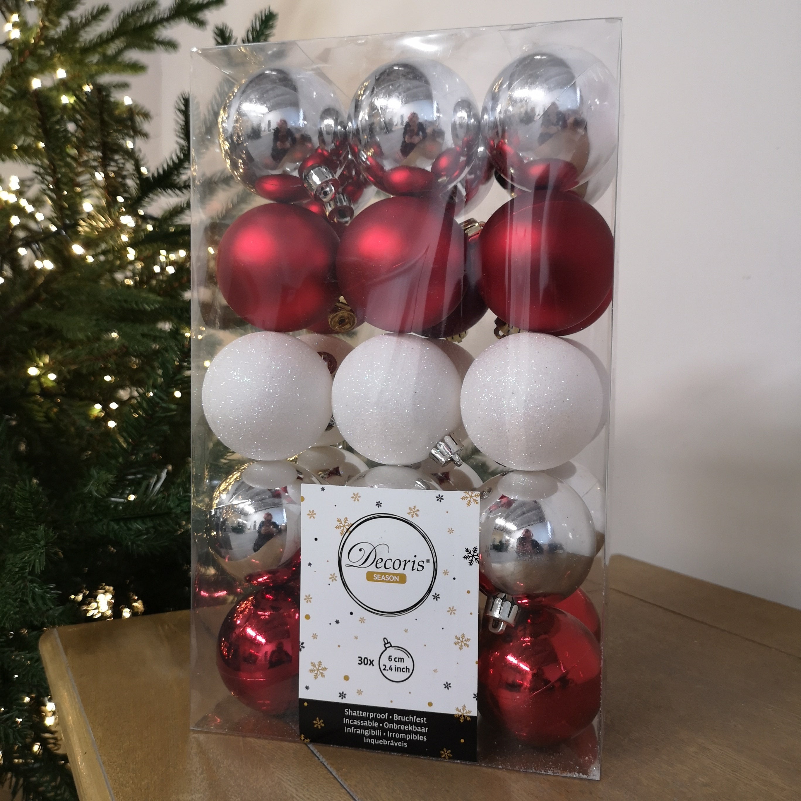 30 x 6cm Assorted Shatterproof Baubles, Red, White, Silver, Iridescent Glitter, Shiny, Matte Christmas Tree Decorations