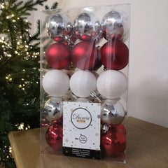 30 x 6cm Assorted Shatterproof Baubles, Red, White, Silver, Iridescent Glitter, Shiny, Matte Christmas Tree Decorations