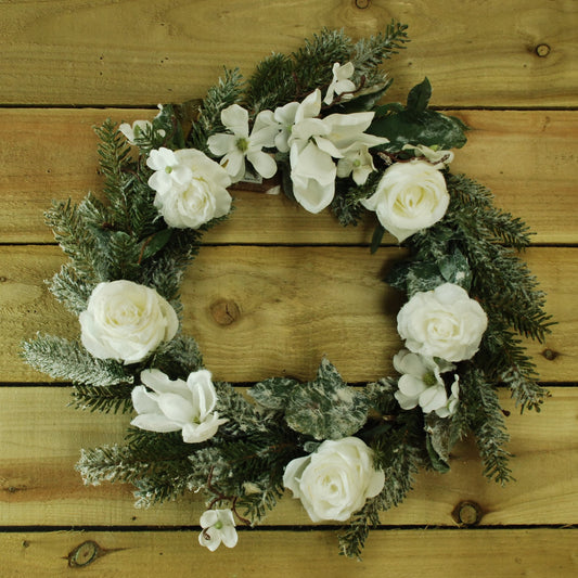 60cm Snowy Effect Wreath with White Flowers 1967