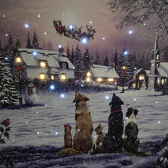 40 x 30cm Tap Activated Fibre Optic Christmas Wall Art Canvas with Dogs Watching Santa Scene